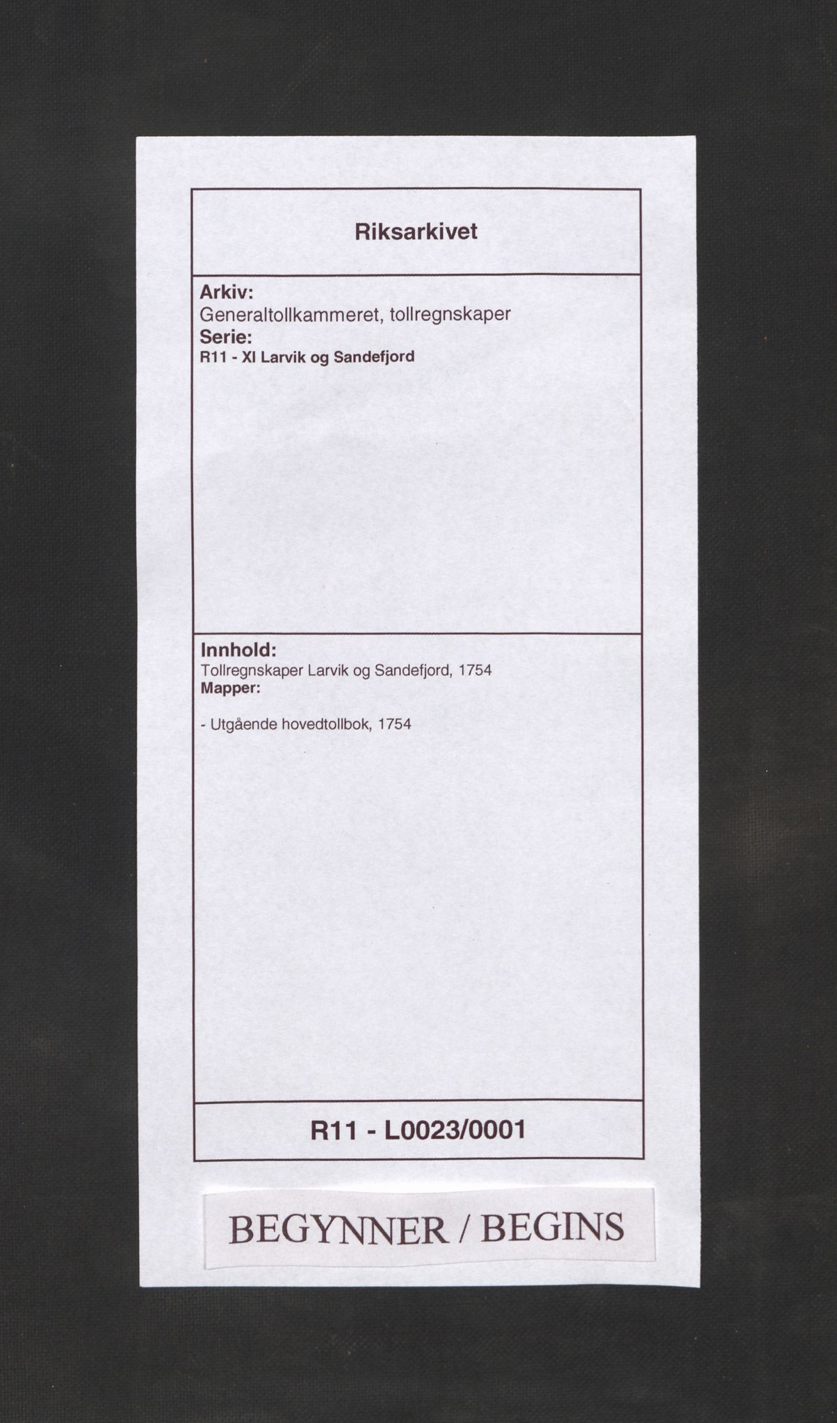Generaltollkammeret, tollregnskaper, RA/EA-5490/R11/L0023/0001: Tollregnskaper Larvik og Sandefjord / Utgående hovedtollbok, 1754