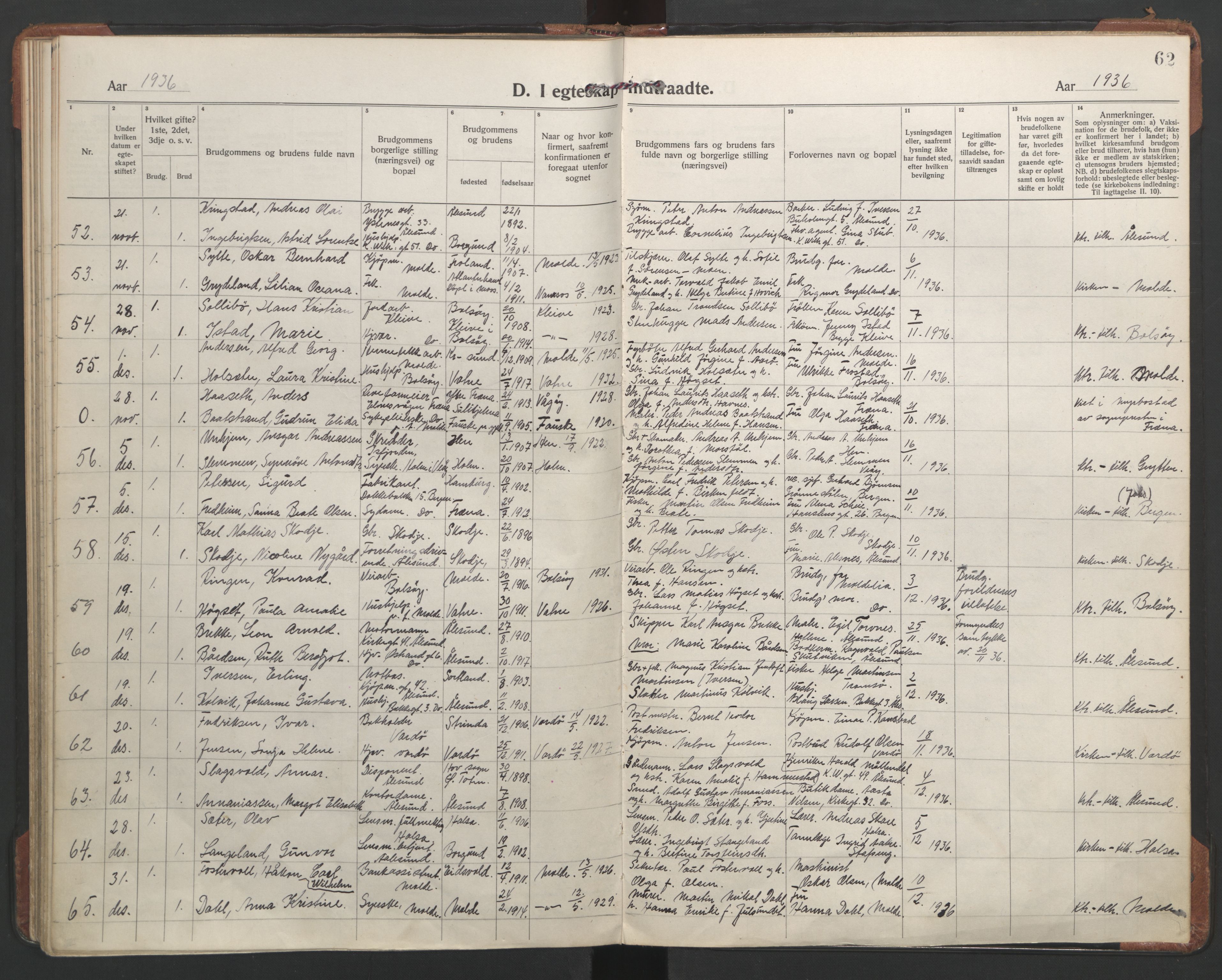 Ministerialprotokoller, klokkerbøker og fødselsregistre - Møre og Romsdal, AV/SAT-A-1454/558/L0698: Parish register (official) no. 558A12, 1922-1937, p. 62