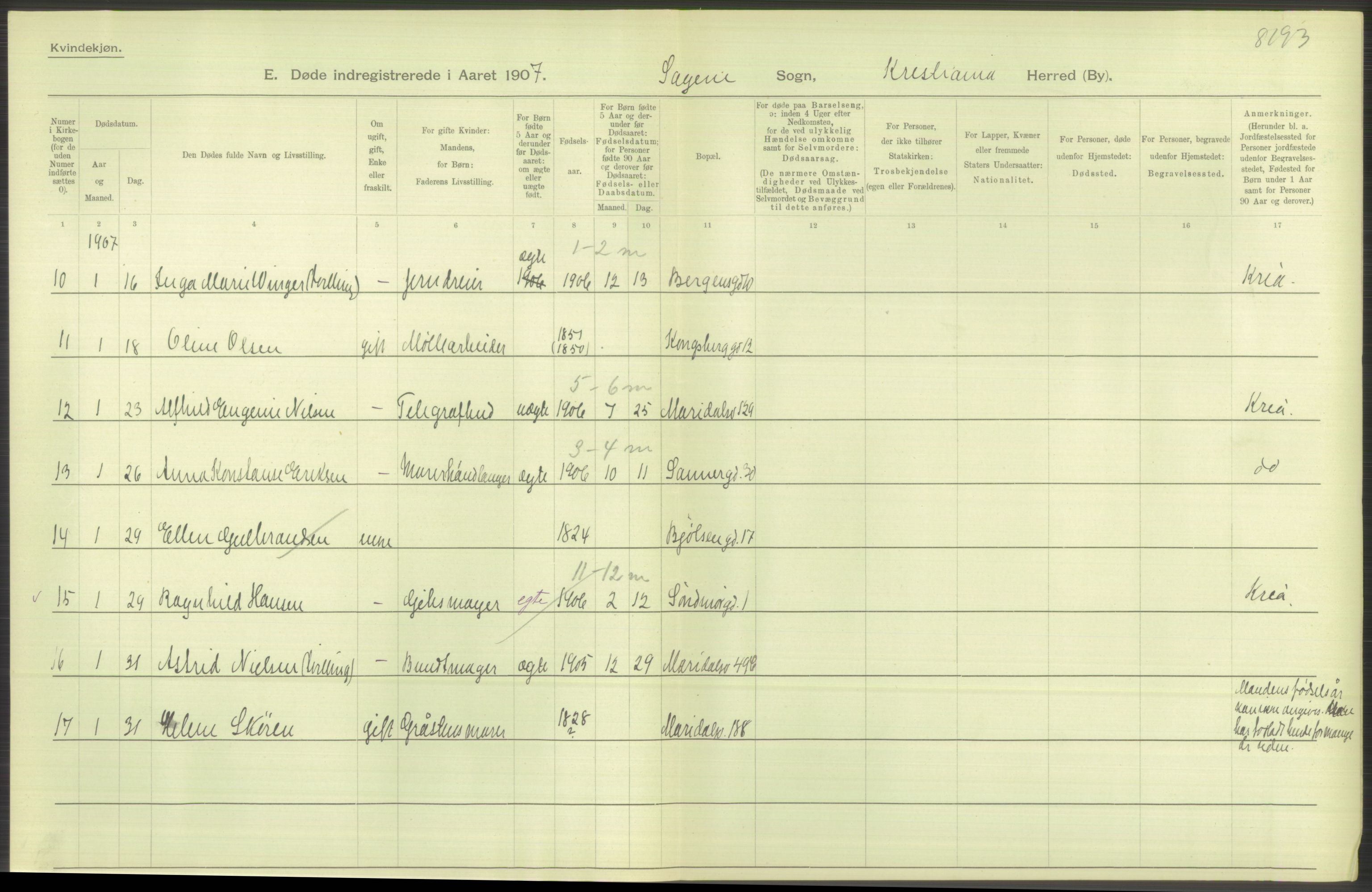 Statistisk sentralbyrå, Sosiodemografiske emner, Befolkning, RA/S-2228/D/Df/Dfa/Dfae/L0009: Kristiania: Døde, 1907, p. 62