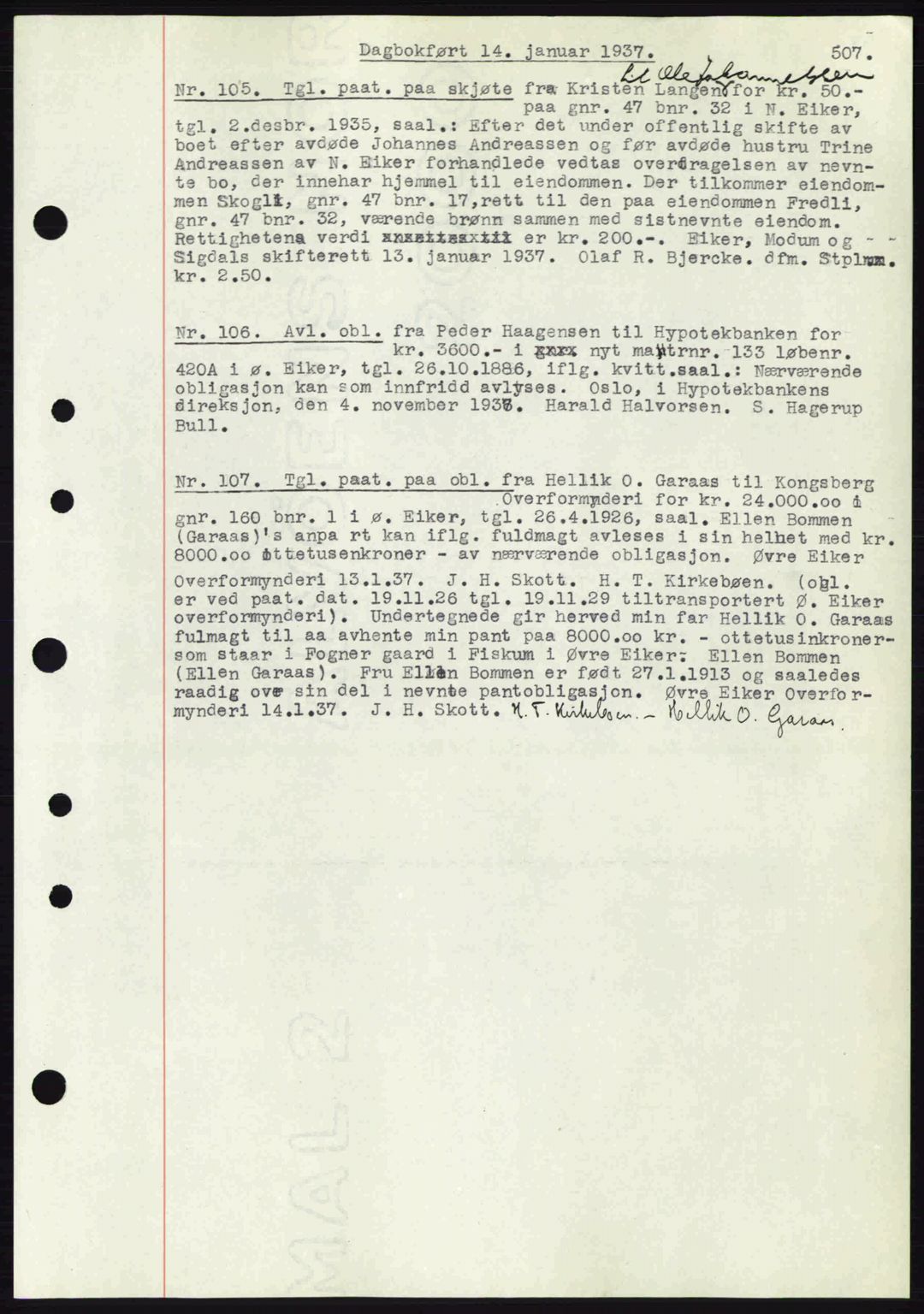 Eiker, Modum og Sigdal sorenskriveri, SAKO/A-123/G/Ga/Gab/L0034: Mortgage book no. A4, 1936-1937, Diary no: : 105/1937