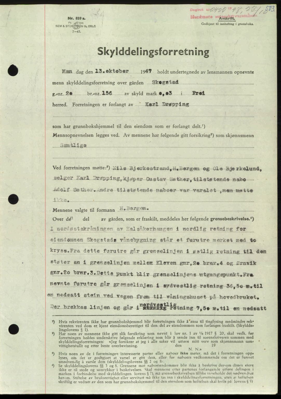 Nordmøre sorenskriveri, AV/SAT-A-4132/1/2/2Ca: Mortgage book no. A106, 1947-1947, Diary no: : 2425/1947