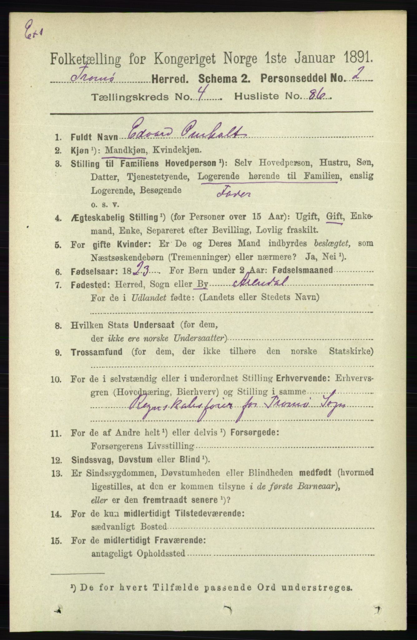 RA, Census 1891 for Nedenes amt: Gjenparter av personsedler for beslektede ektefeller, menn, 1891, p. 574