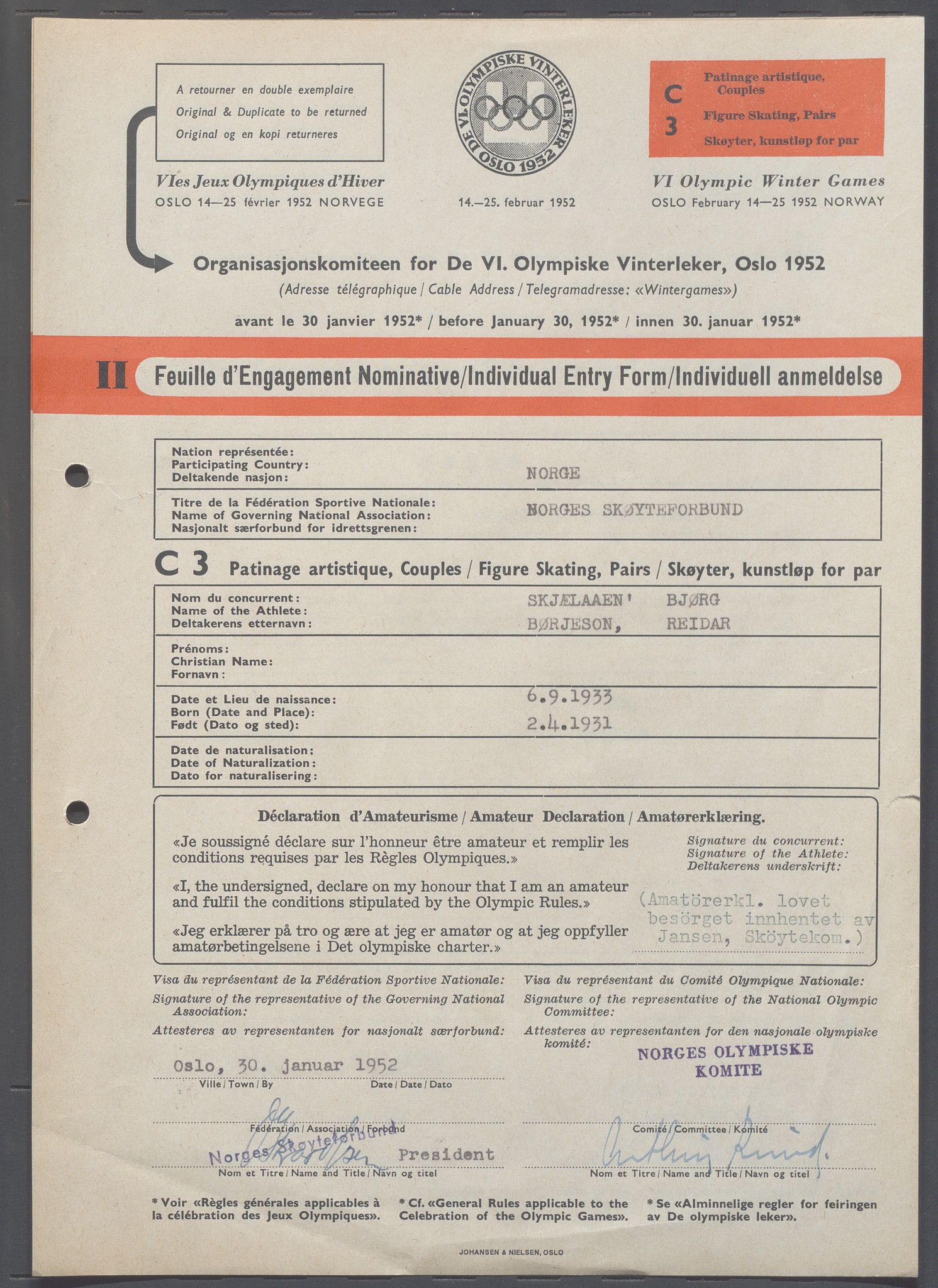 Organisasjonskomiteen for de VI. olympiske vinterleker, OBA/A-20130/H/Ha, 1951-1952, p. 1346