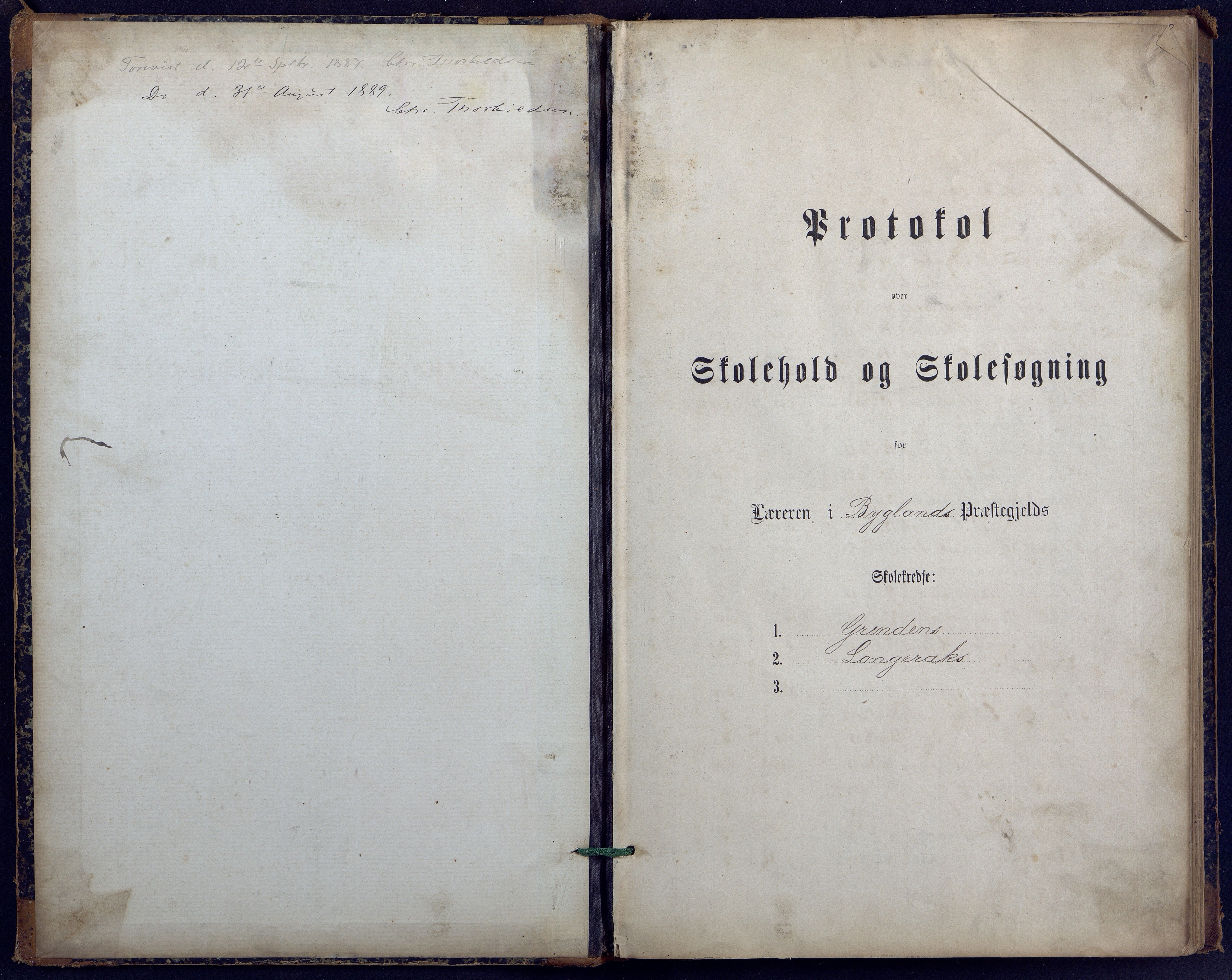 Bygland kommune, Skulekrinsar i Årdal, AAKS/KA0938-550c/F1/L0002: Skuleprotokoll Longerak og Grendi, 1887-1900, p. 1