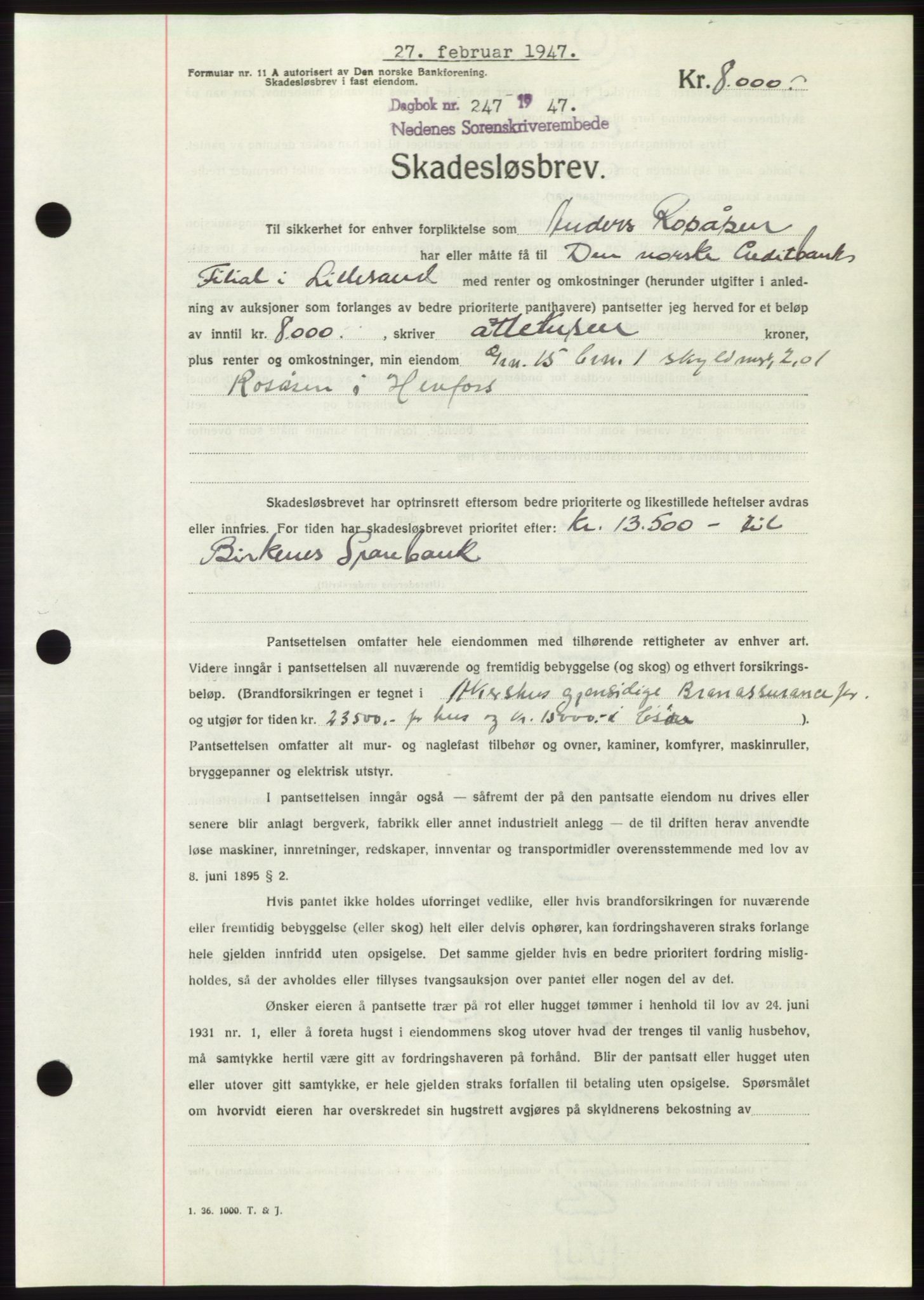 Nedenes sorenskriveri, AV/SAK-1221-0006/G/Gb/Gbb/L0004: Mortgage book no. B4, 1947-1947, Diary no: : 247/1947