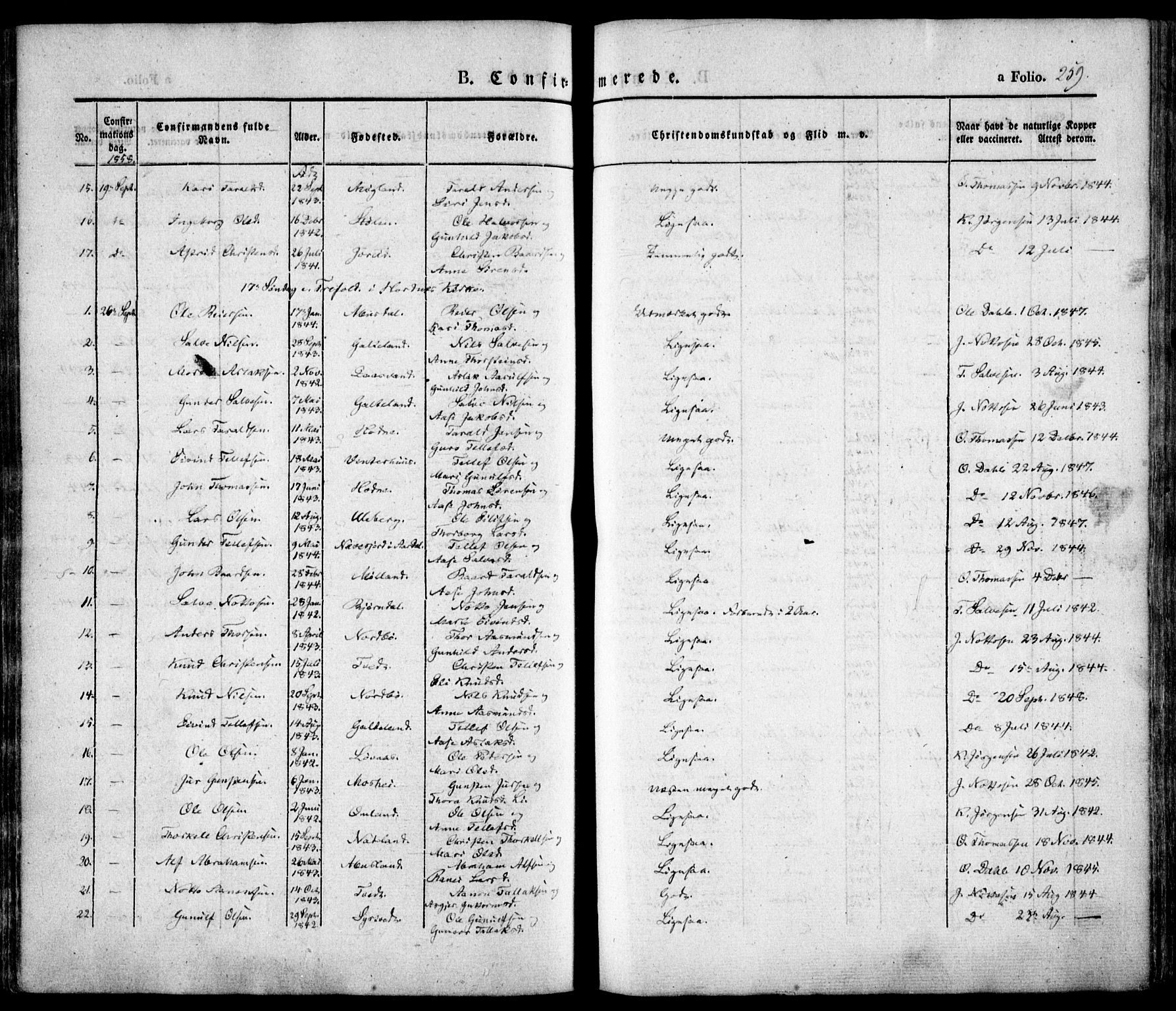 Evje sokneprestkontor, AV/SAK-1111-0008/F/Fa/Faa/L0005: Parish register (official) no. A 5, 1843-1865, p. 259