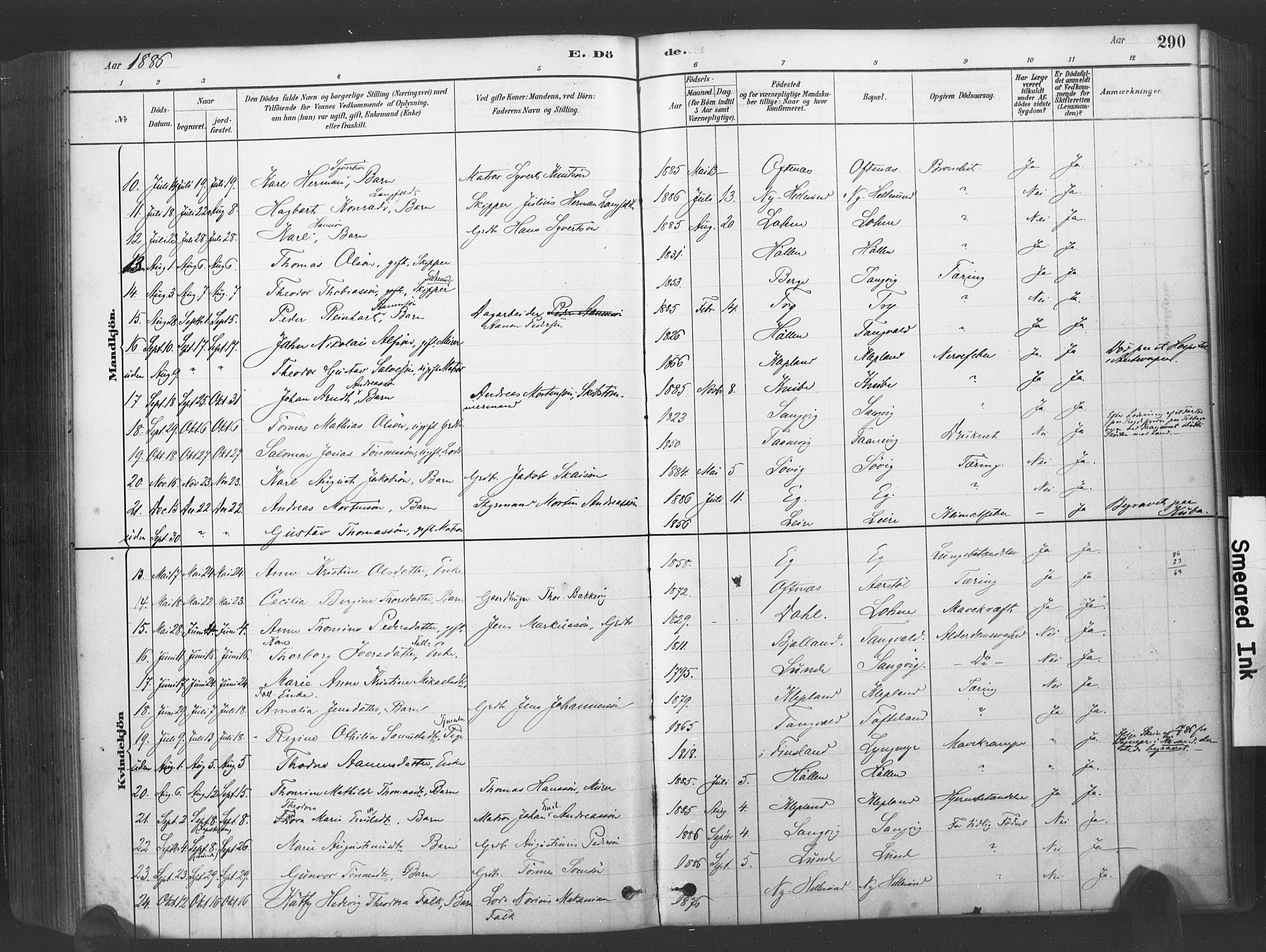 Søgne sokneprestkontor, SAK/1111-0037/F/Fa/Fab/L0012: Parish register (official) no. A 12, 1880-1891, p. 290