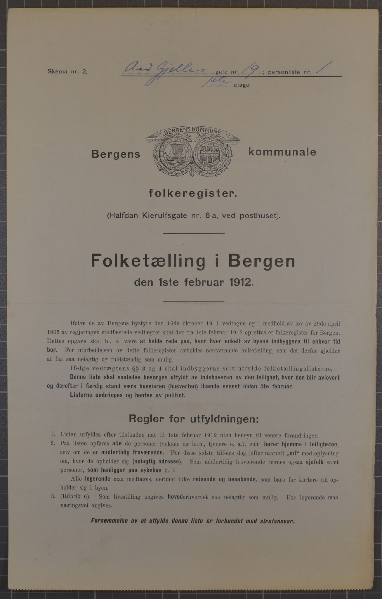 SAB, Municipal Census 1912 for Bergen, 1912, p. 71