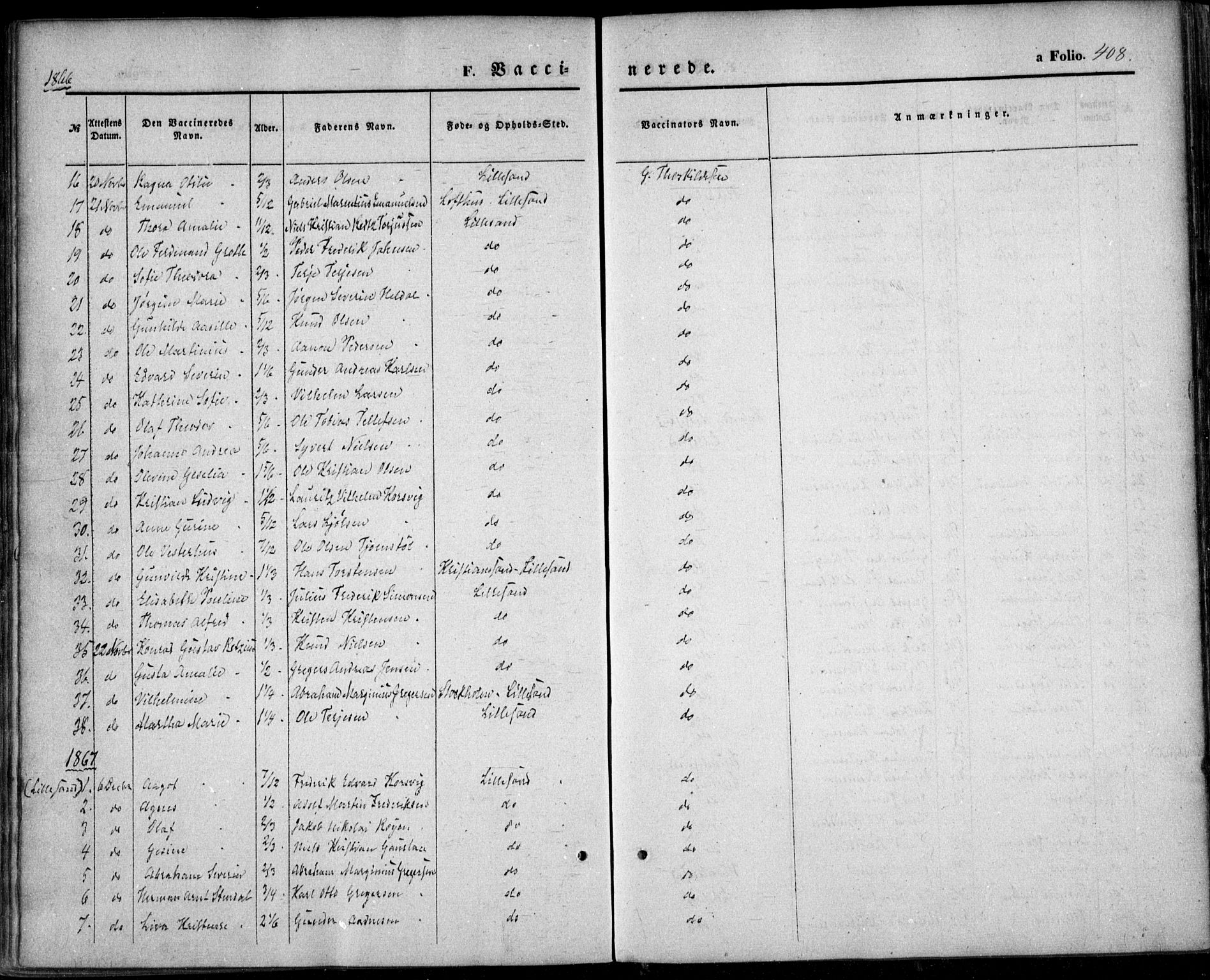 Vestre Moland sokneprestkontor, AV/SAK-1111-0046/F/Fa/Fab/L0007: Parish register (official) no. A 7, 1859-1872, p. 408