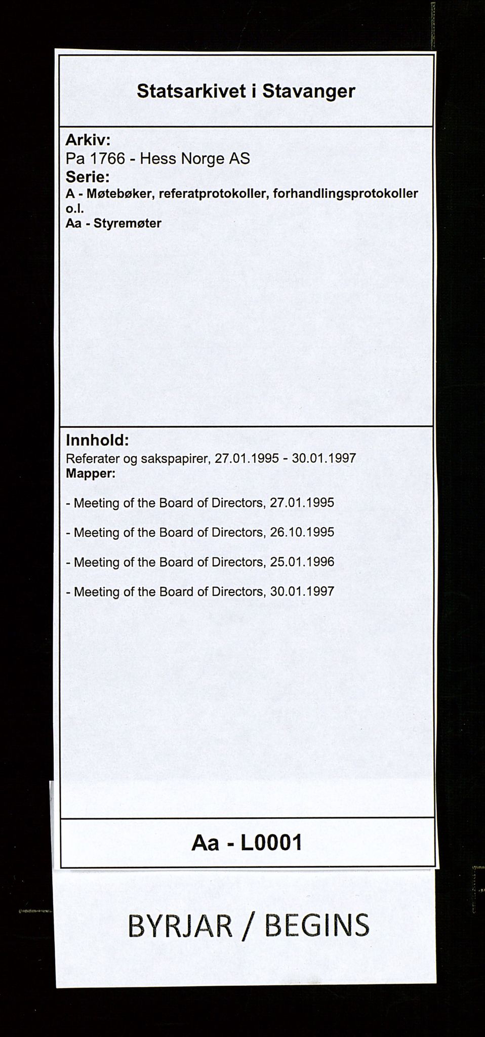 Pa 1766 - Hess Norge AS, AV/SAST-A-102451/A/Aa/L0001: Referater og sakspapirer, 1995-1997, p. 1
