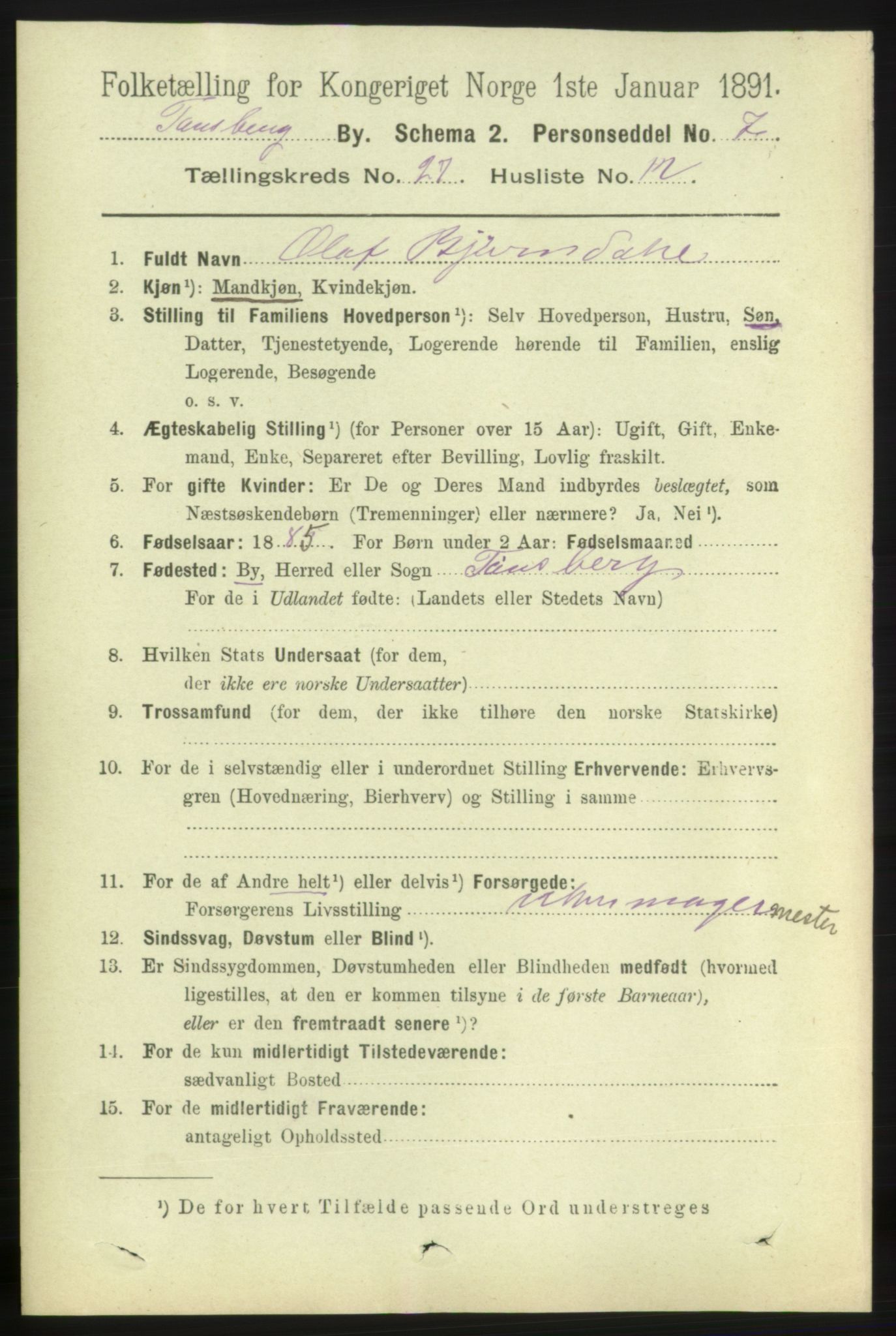 RA, 1891 census for 0705 Tønsberg, 1891, p. 6908