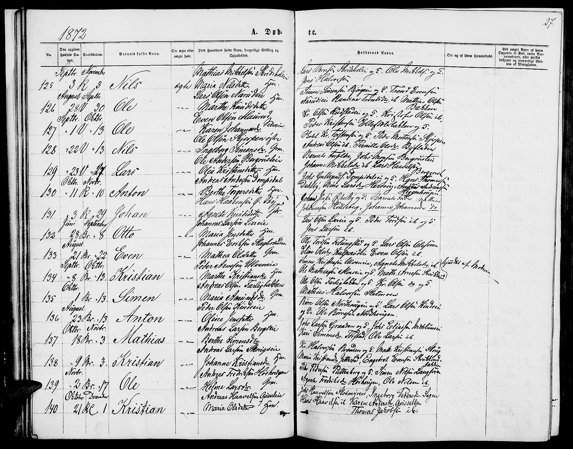 Ringsaker prestekontor, AV/SAH-PREST-014/L/La/L0008: Parish register (copy) no. 8, 1870-1878, p. 27