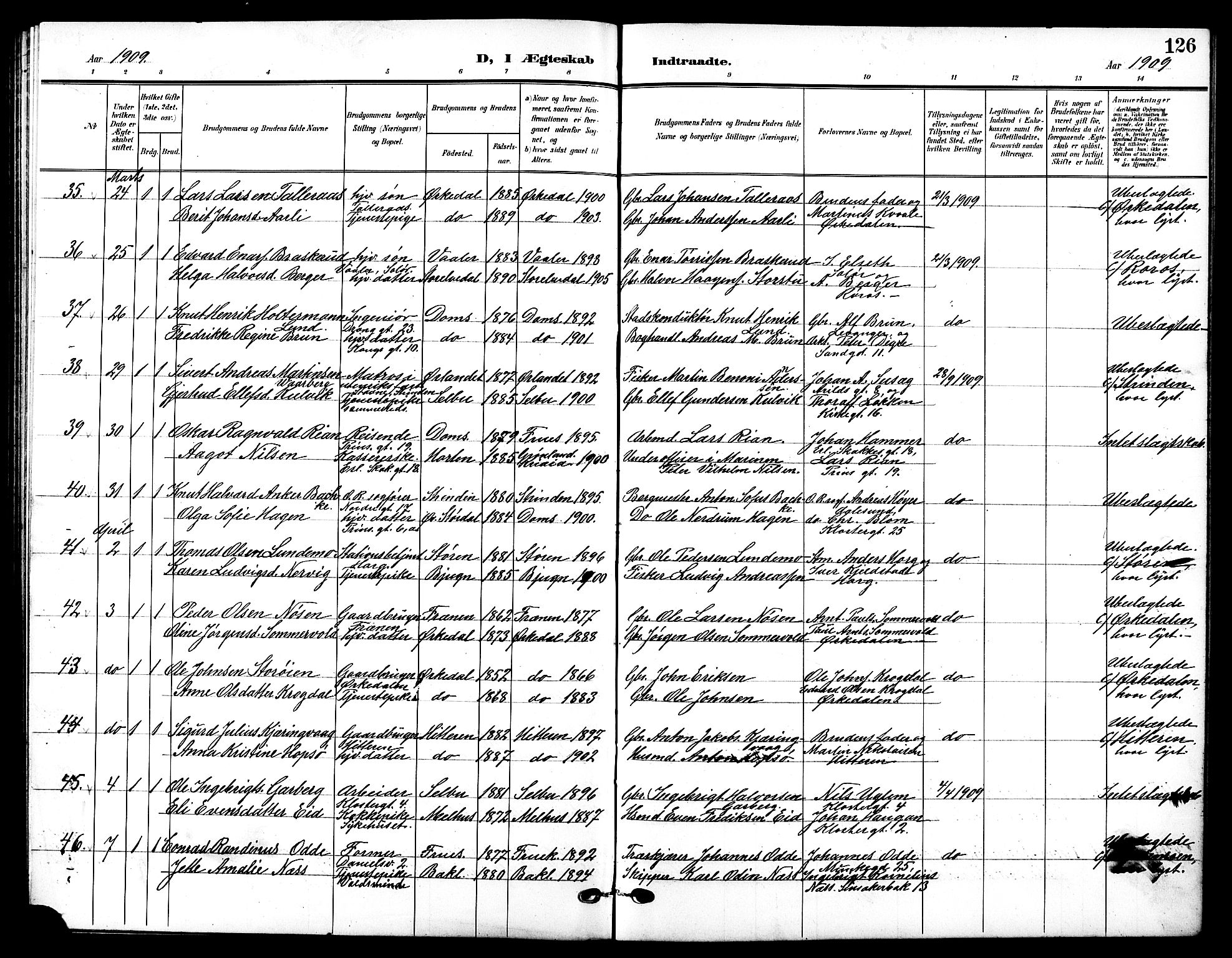 Ministerialprotokoller, klokkerbøker og fødselsregistre - Sør-Trøndelag, SAT/A-1456/601/L0095: Parish register (copy) no. 601C13, 1902-1911, p. 126
