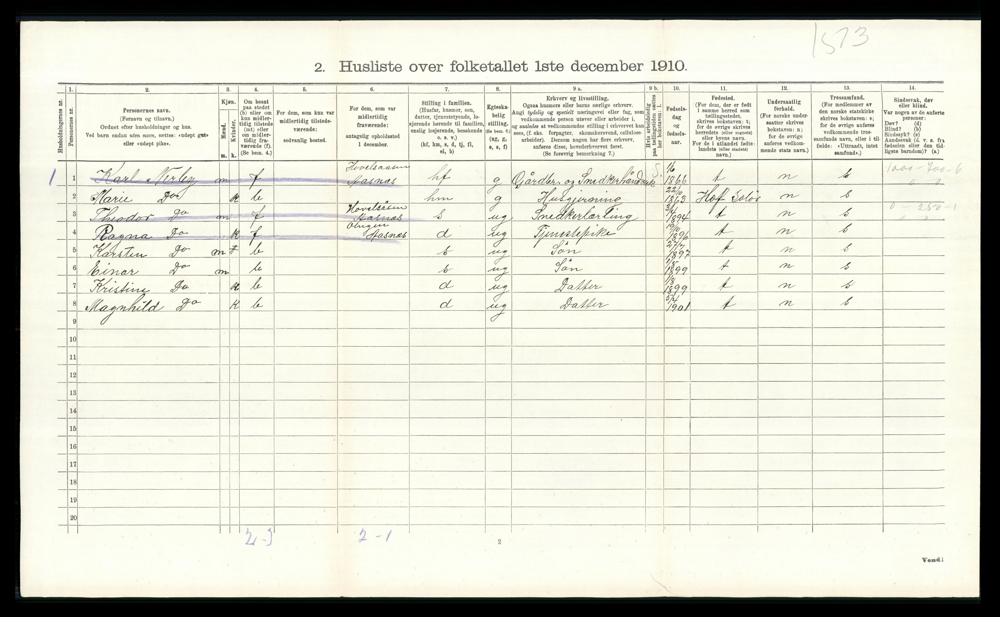 RA, 1910 census for Åsnes, 1910, p. 1543