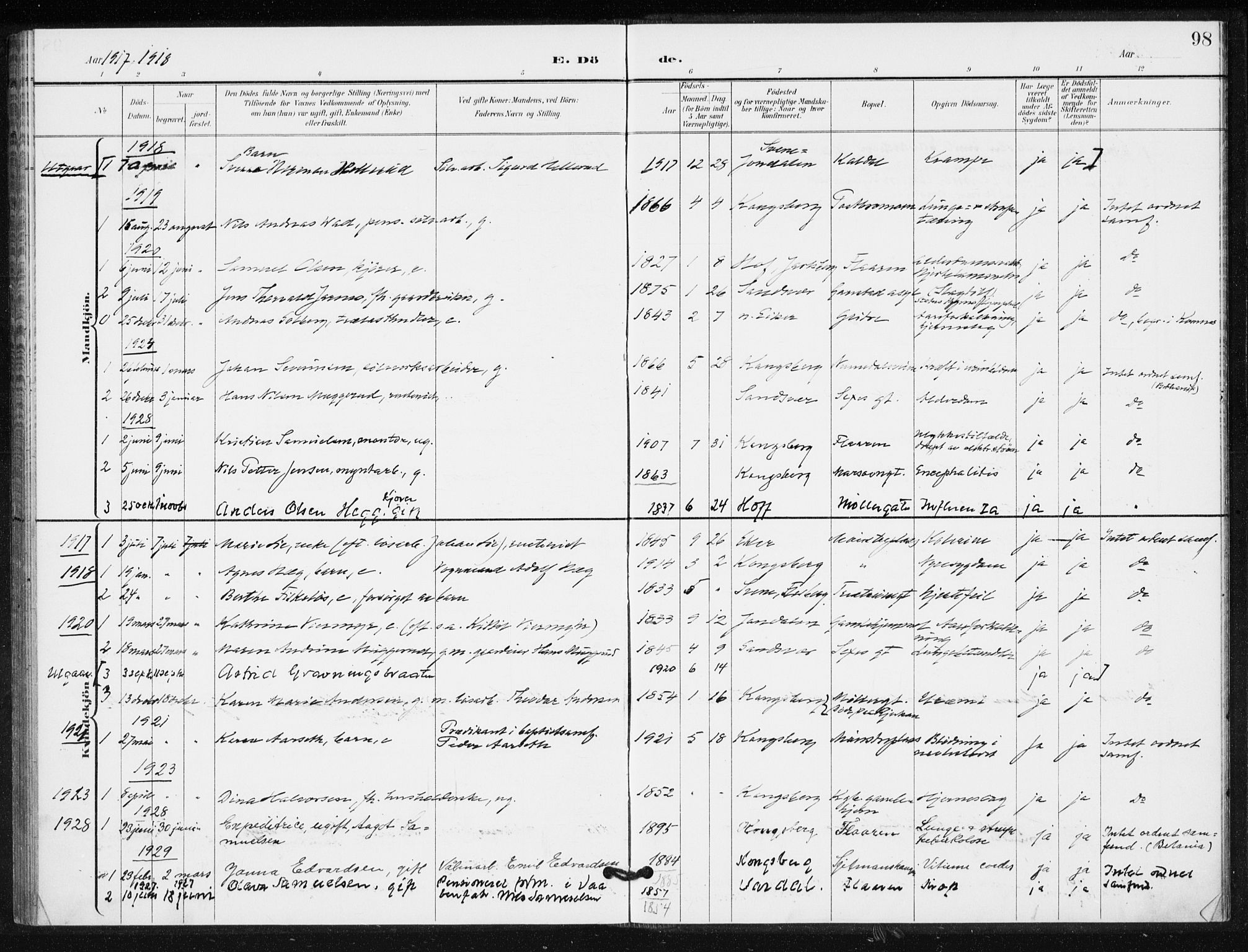 Kongsberg kirkebøker, AV/SAKO-A-22/G/Ga/L0009: Parish register (copy) no. 9, 1932-1938, p. 98