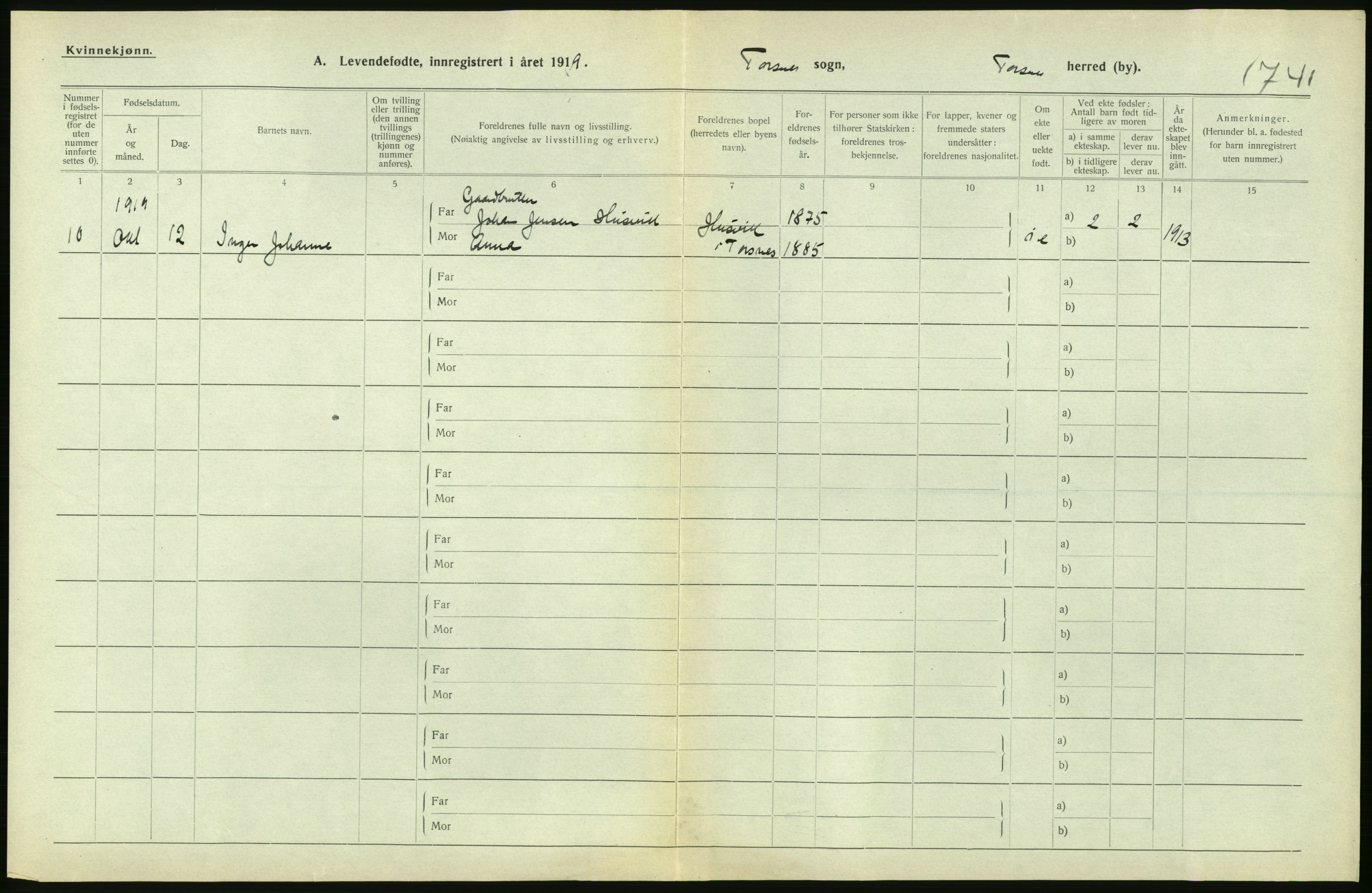 Statistisk sentralbyrå, Sosiodemografiske emner, Befolkning, RA/S-2228/D/Df/Dfb/Dfbi/L0001: Østfold fylke: Levendefødte menn og kvinner. Bygder., 1919, p. 128