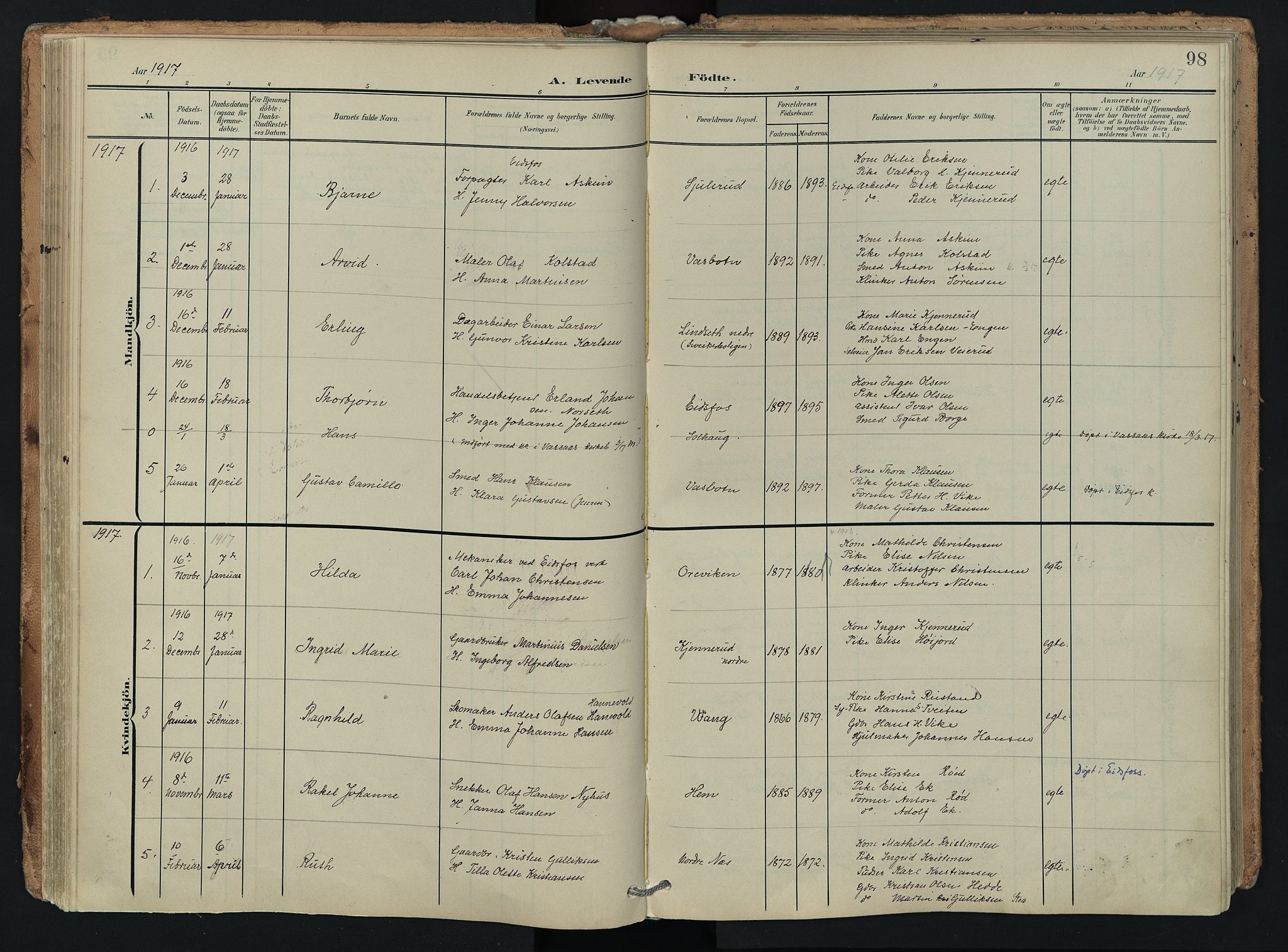 Hof kirkebøker, SAKO/A-64/F/Fa/L0008: Parish register (official) no. I 8, 1902-1921, p. 98