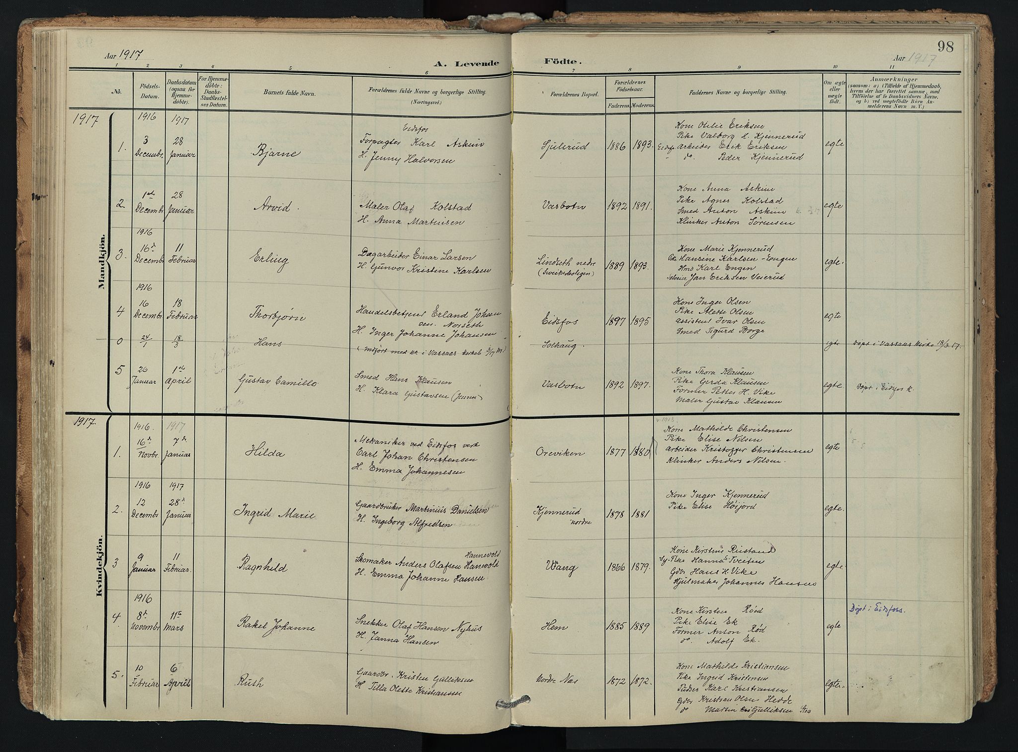 Hof kirkebøker, AV/SAKO-A-64/F/Fa/L0008: Parish register (official) no. I 8, 1902-1921, p. 98