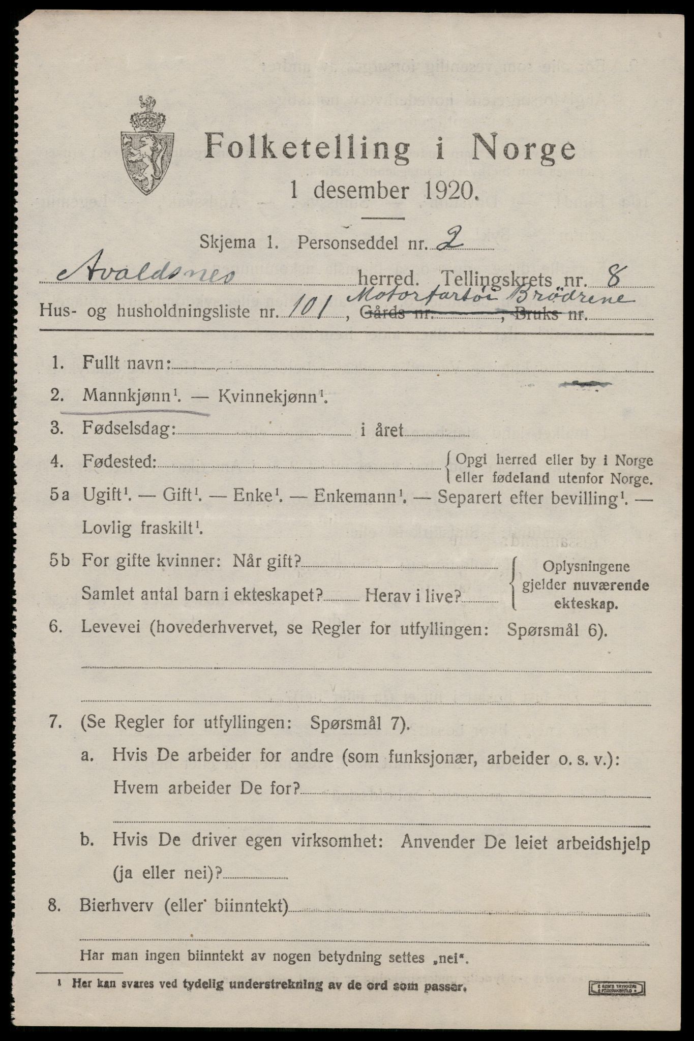 SAST, 1920 census for Avaldsnes, 1920, p. 7109