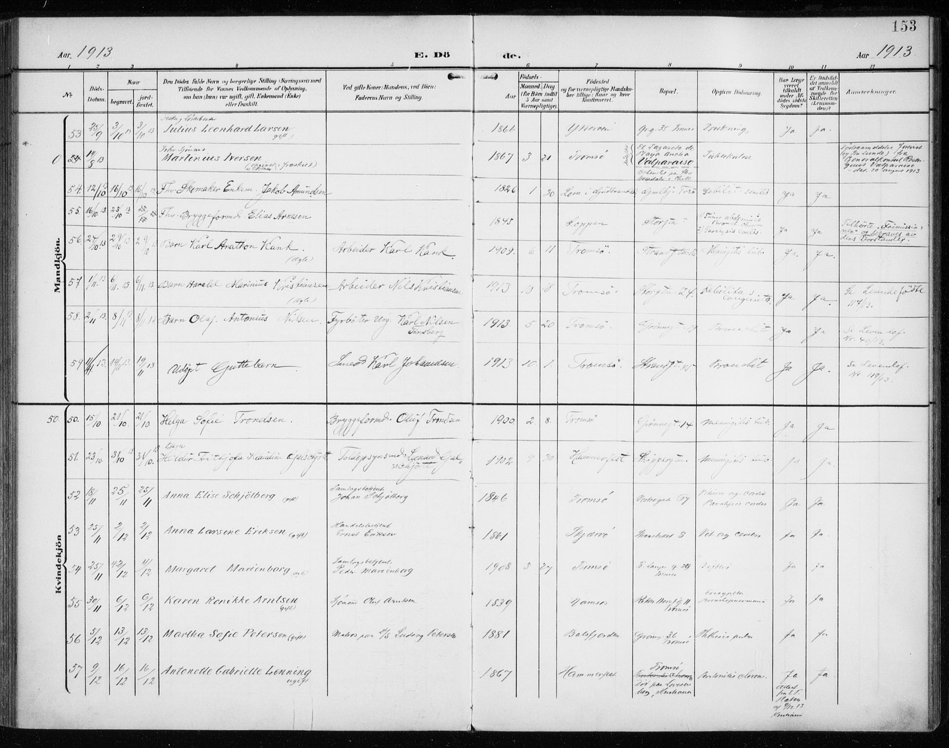 Tromsø sokneprestkontor/stiftsprosti/domprosti, AV/SATØ-S-1343/G/Ga/L0018kirke: Parish register (official) no. 18, 1907-1917, p. 153