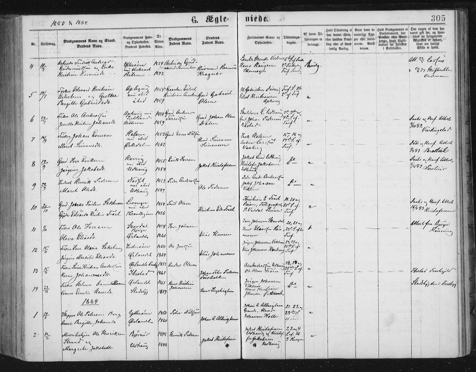 Ministerialprotokoller, klokkerbøker og fødselsregistre - Sør-Trøndelag, SAT/A-1456/659/L0745: Parish register (copy) no. 659C02, 1869-1892, p. 305
