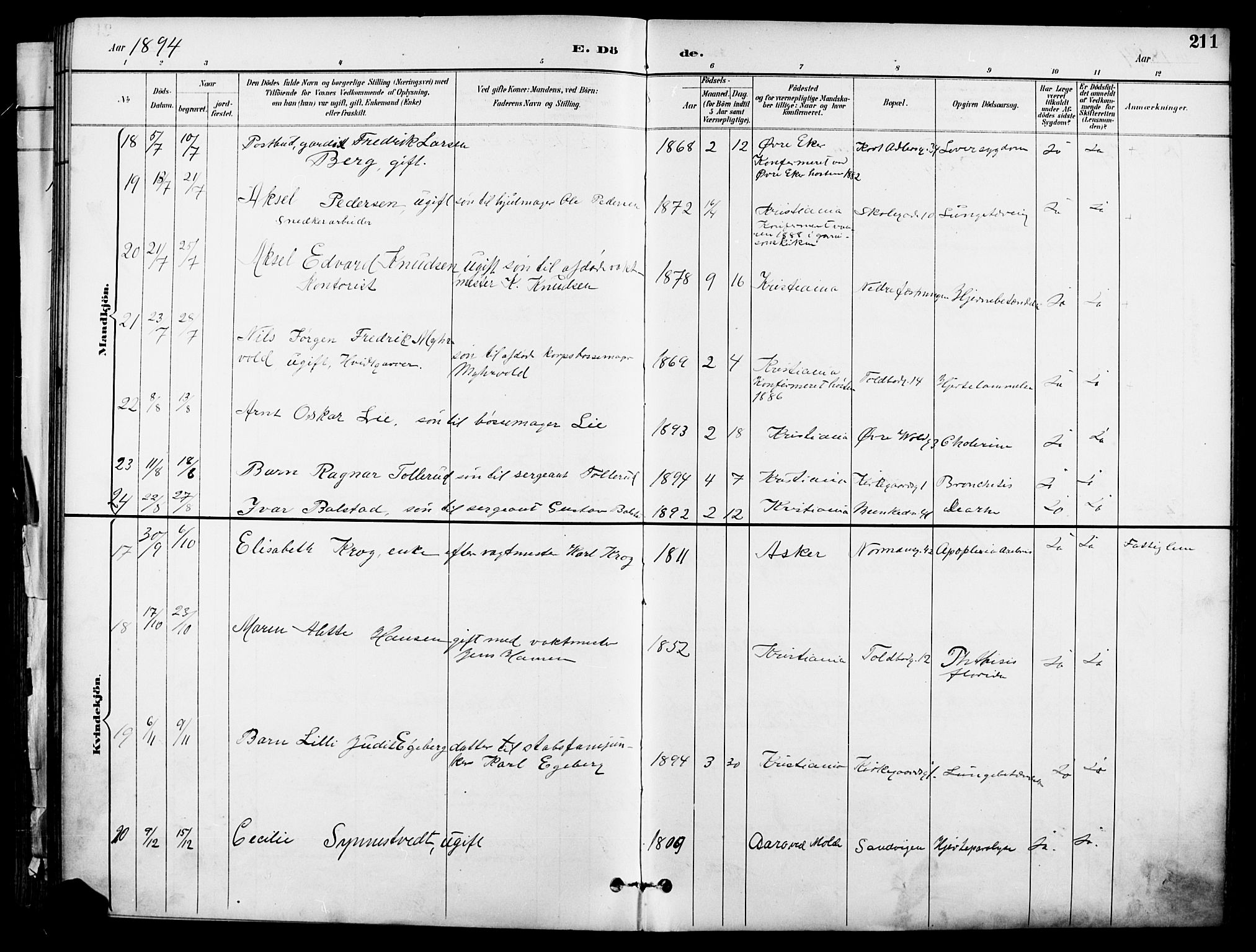 Garnisonsmenigheten Kirkebøker, SAO/A-10846/F/Fa/L0013: Parish register (official) no. 13, 1894-1904, p. 211