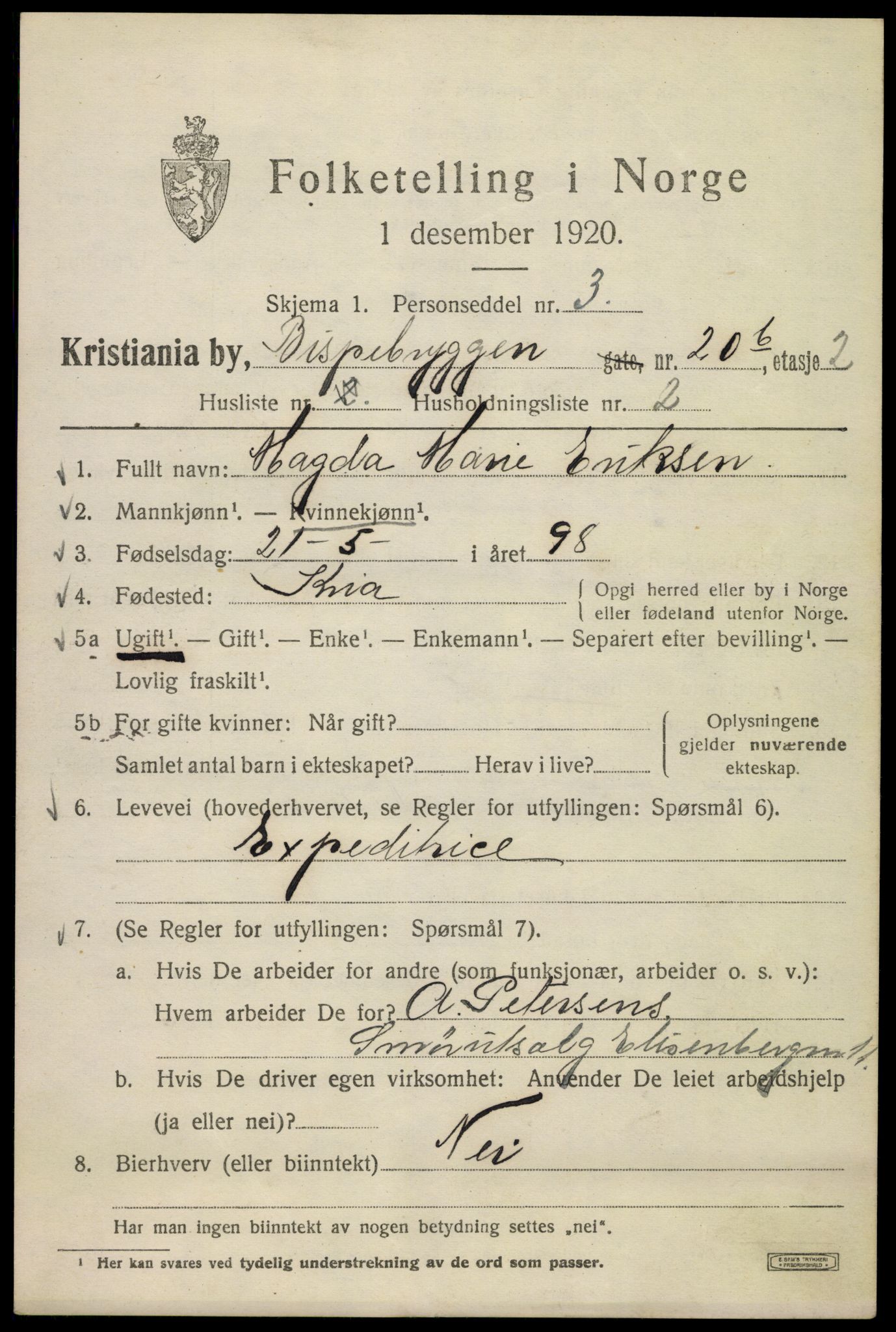 SAO, 1920 census for Kristiania, 1920, p. 157019