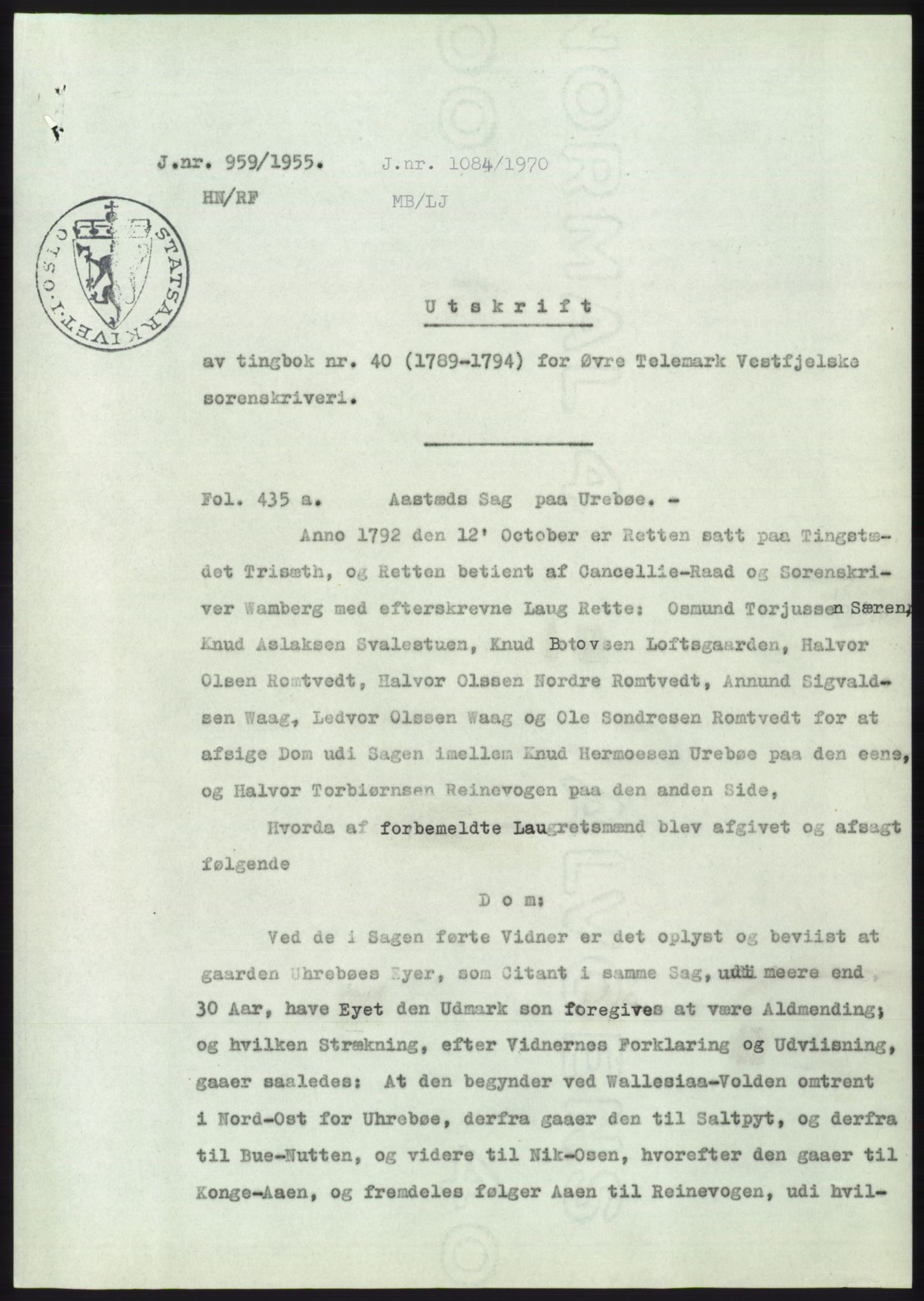Statsarkivet i Kongsberg, AV/SAKO-A-0001/E/Ee/L0004: Avskrifter, SAO jnr. 802/1955 - 1192/1955, 1955, p. 213