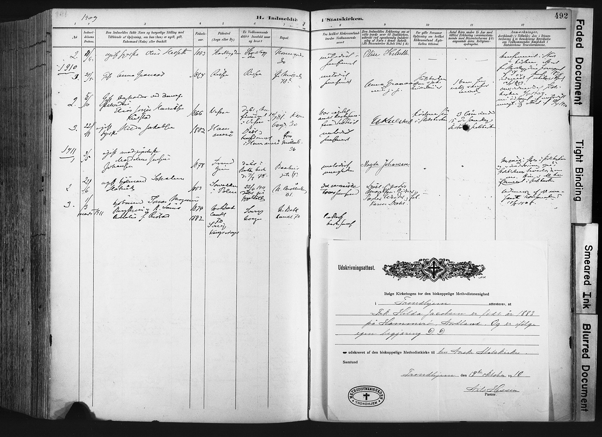 Ministerialprotokoller, klokkerbøker og fødselsregistre - Sør-Trøndelag, SAT/A-1456/604/L0201: Parish register (official) no. 604A21, 1901-1911, p. 492