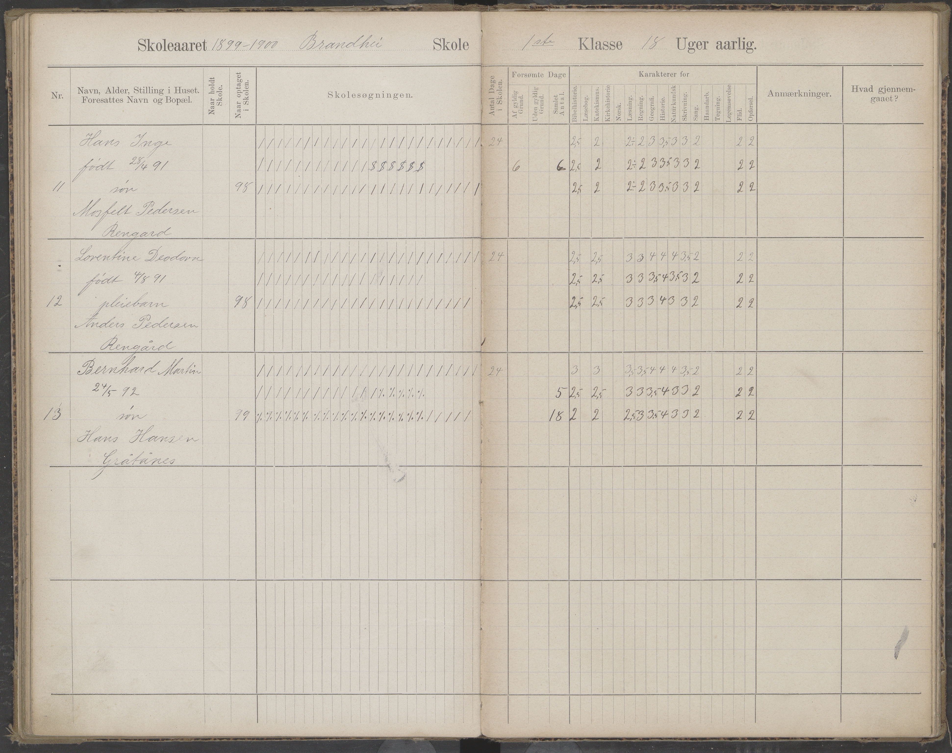 Beiarn kommune. Brandhei skolekrets, AIN/K-18390.510.03/442/L0003: Karakter/oversiktsprotokoll, 1893-1910