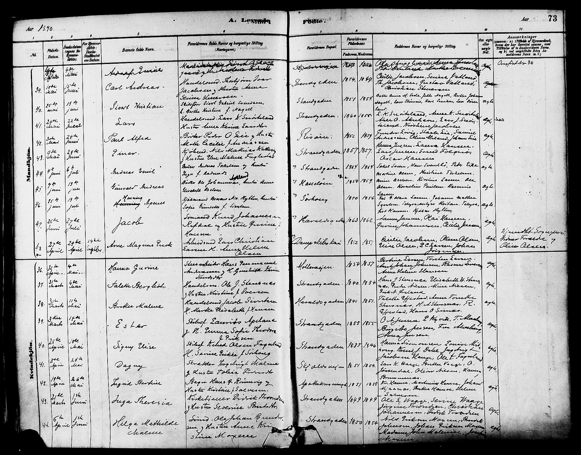 Haugesund sokneprestkontor, AV/SAST-A -101863/H/Ha/Haa/L0003: Parish register (official) no. A 3, 1885-1890, p. 73