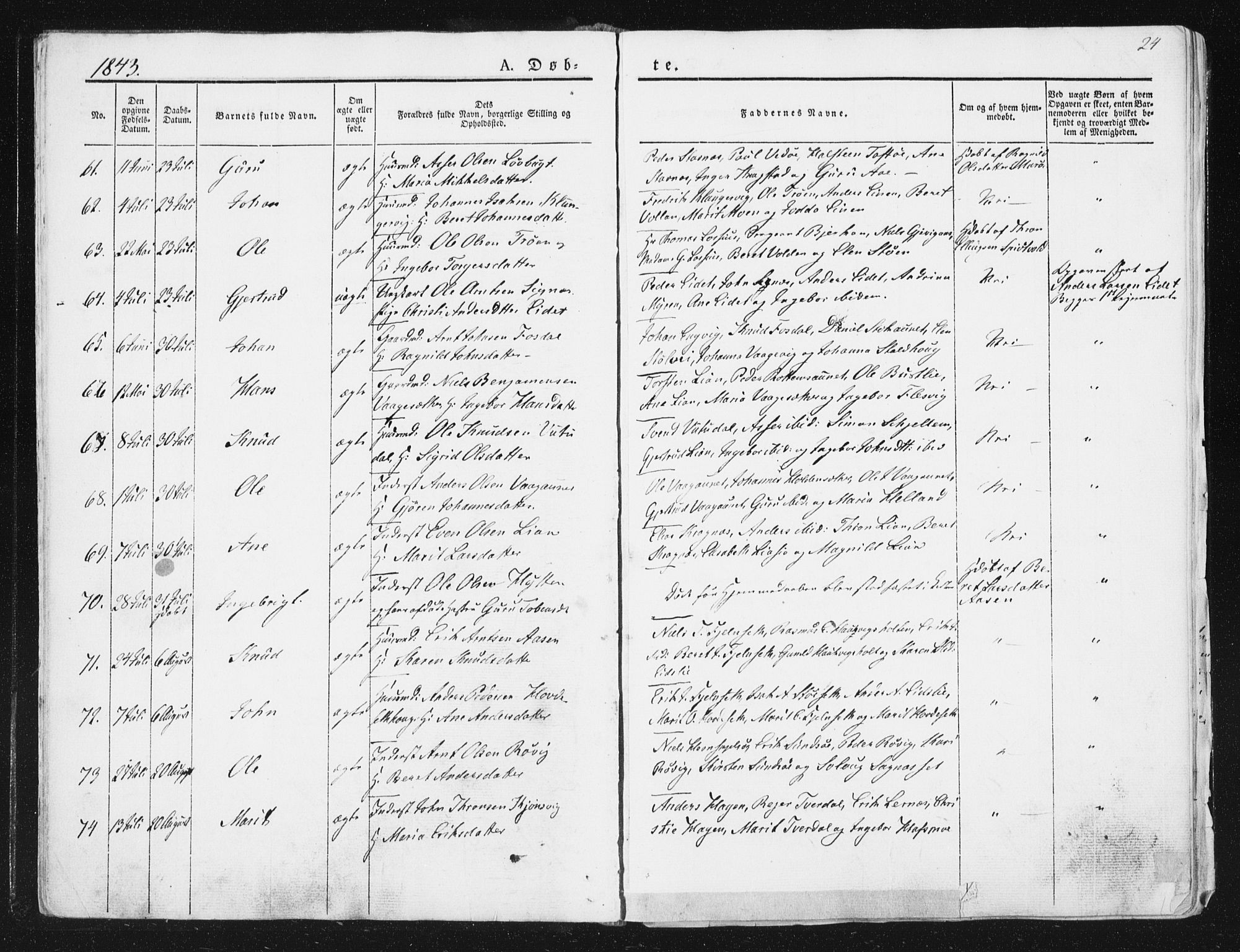 Ministerialprotokoller, klokkerbøker og fødselsregistre - Sør-Trøndelag, AV/SAT-A-1456/630/L0493: Parish register (official) no. 630A06, 1841-1851, p. 24