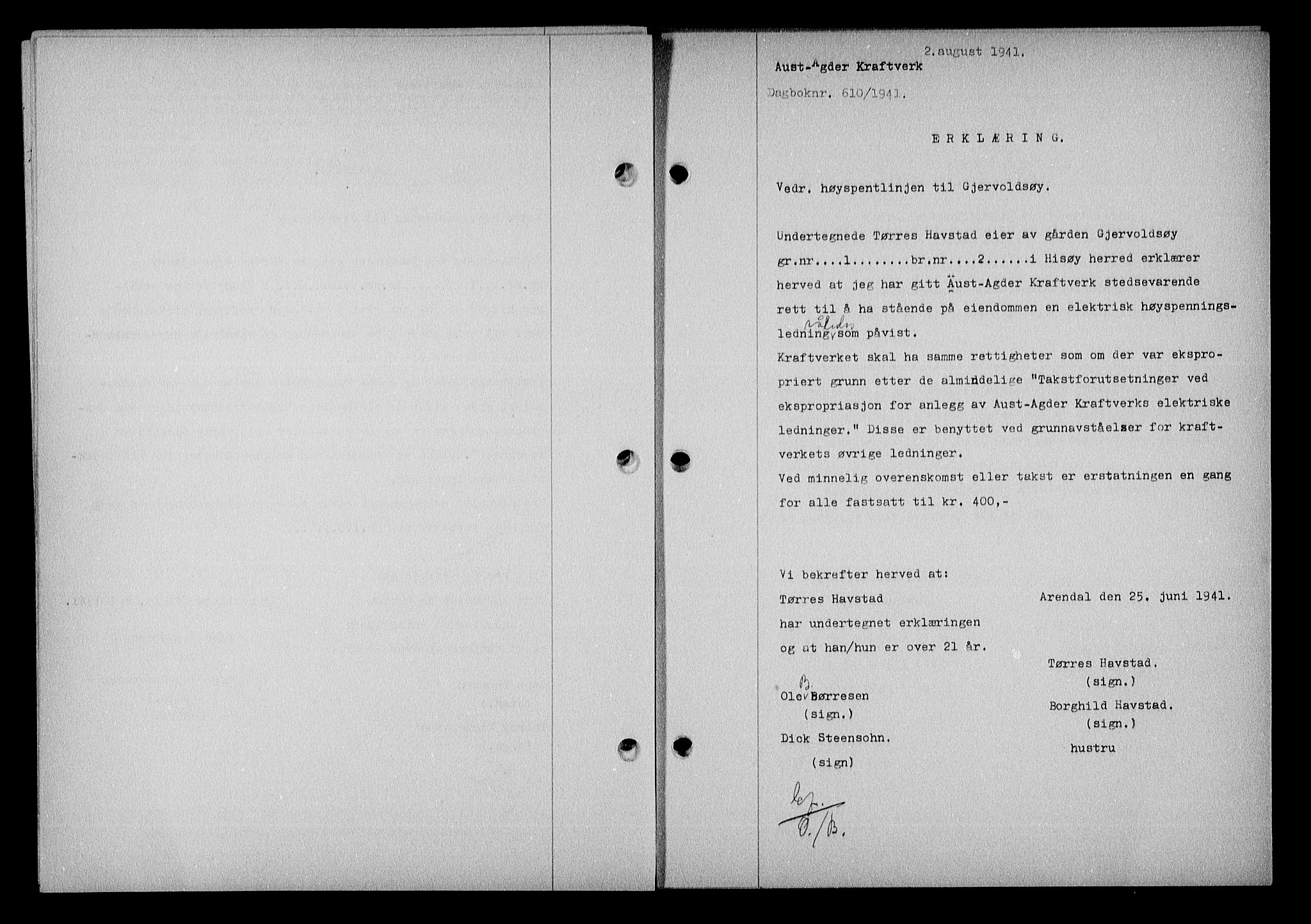 Nedenes sorenskriveri, SAK/1221-0006/G/Gb/Gba/L0048: Mortgage book no. A-II, 1940-1941, Diary no: : 610/1941