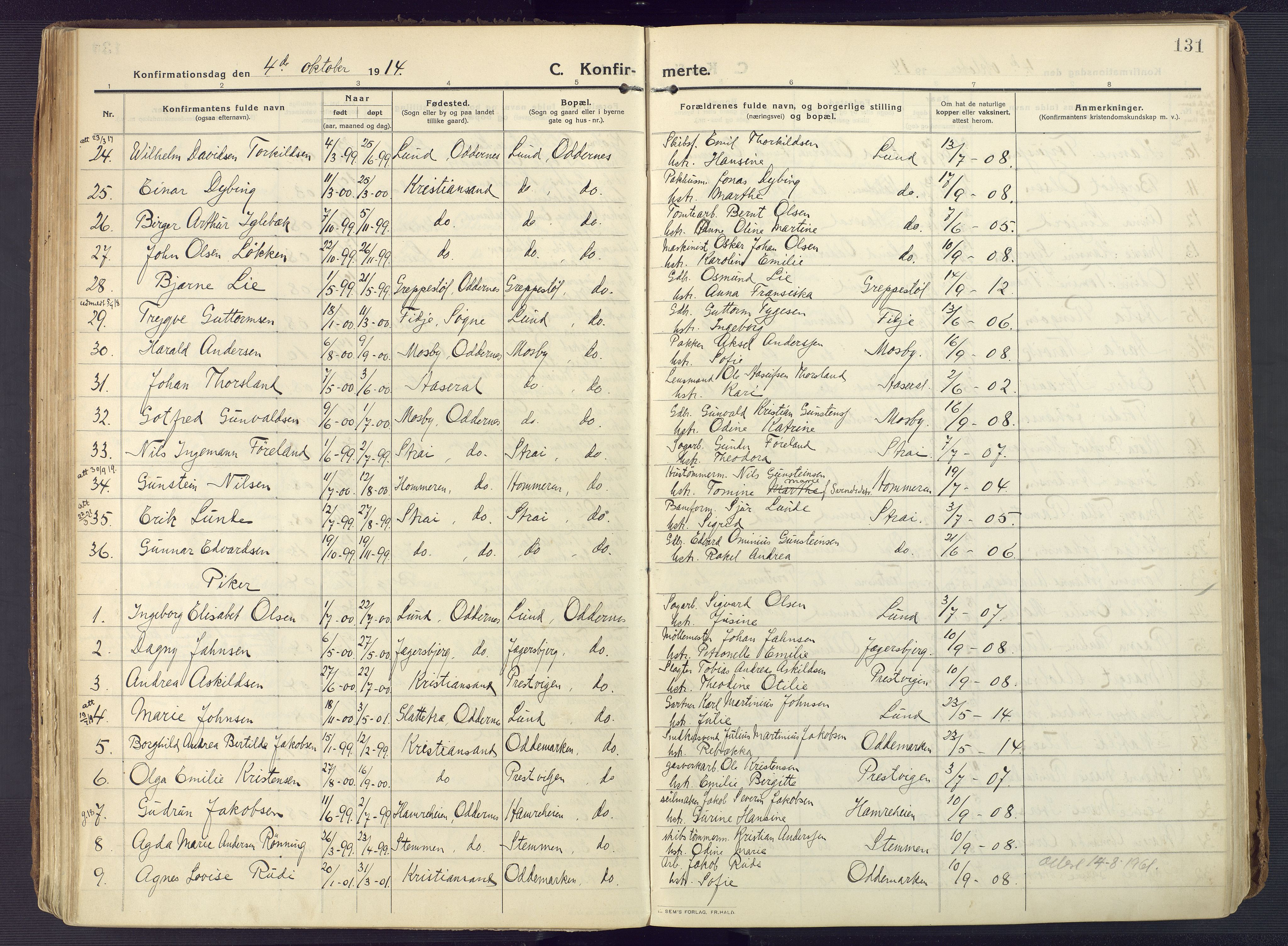 Oddernes sokneprestkontor, AV/SAK-1111-0033/F/Fa/Faa/L0012: Parish register (official) no. A 12, 1912-1925, p. 131