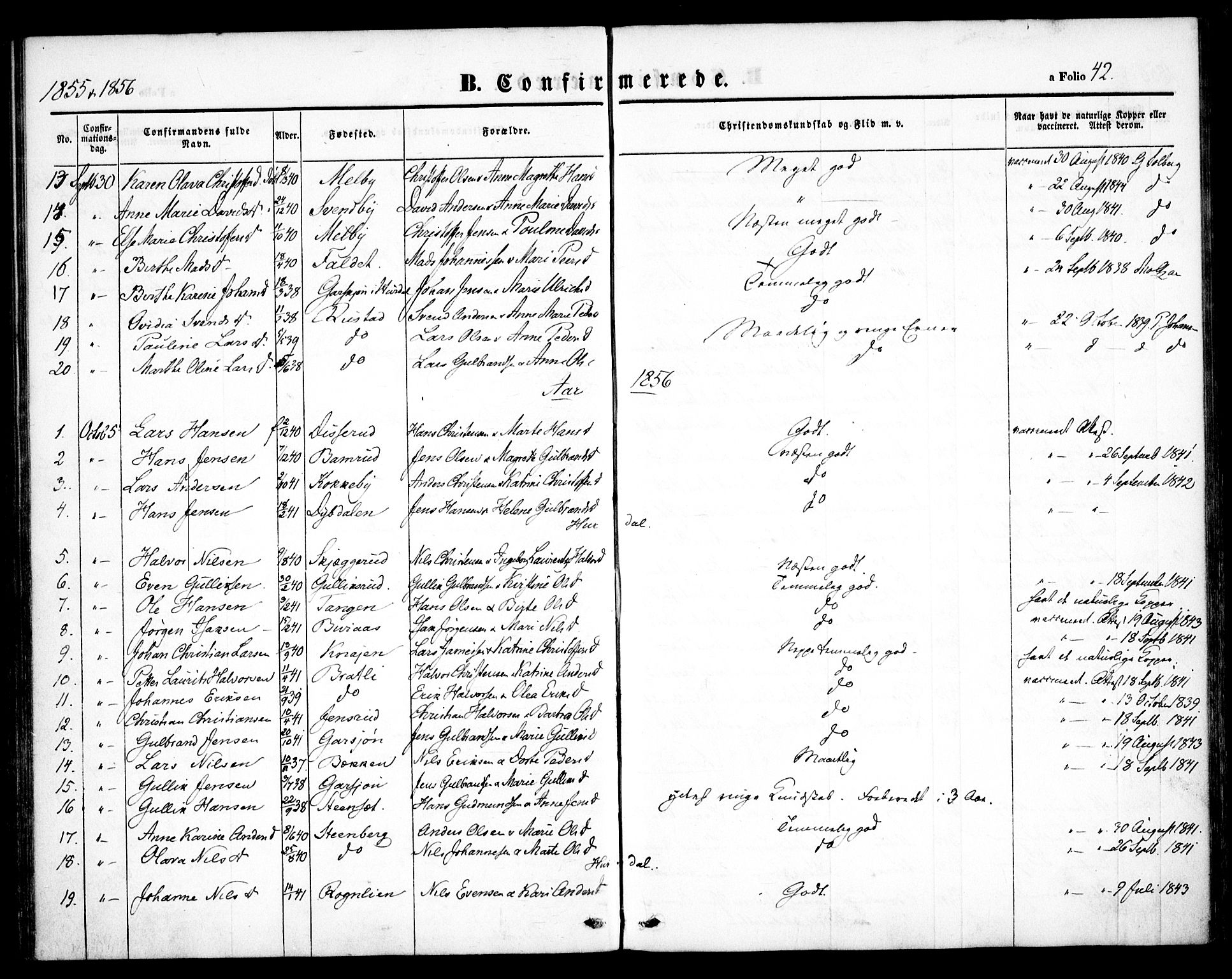 Hurdal prestekontor Kirkebøker, SAO/A-10889/F/Fb/L0001: Parish register (official) no. II 1, 1846-1859, p. 42