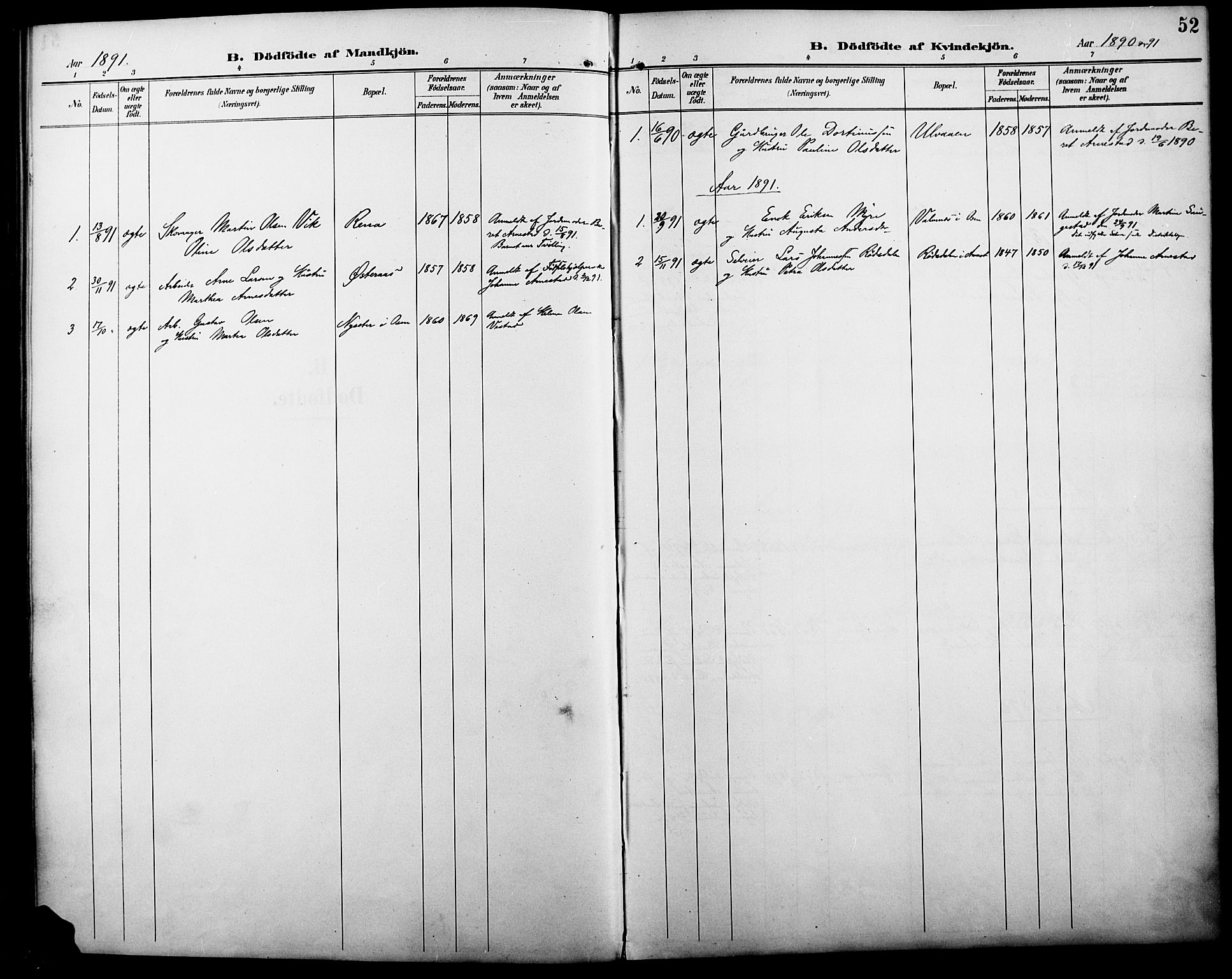 Åmot prestekontor, Hedmark, SAH/PREST-056/H/Ha/Haa/L0011: Parish register (official) no. 11, 1890-1897, p. 52