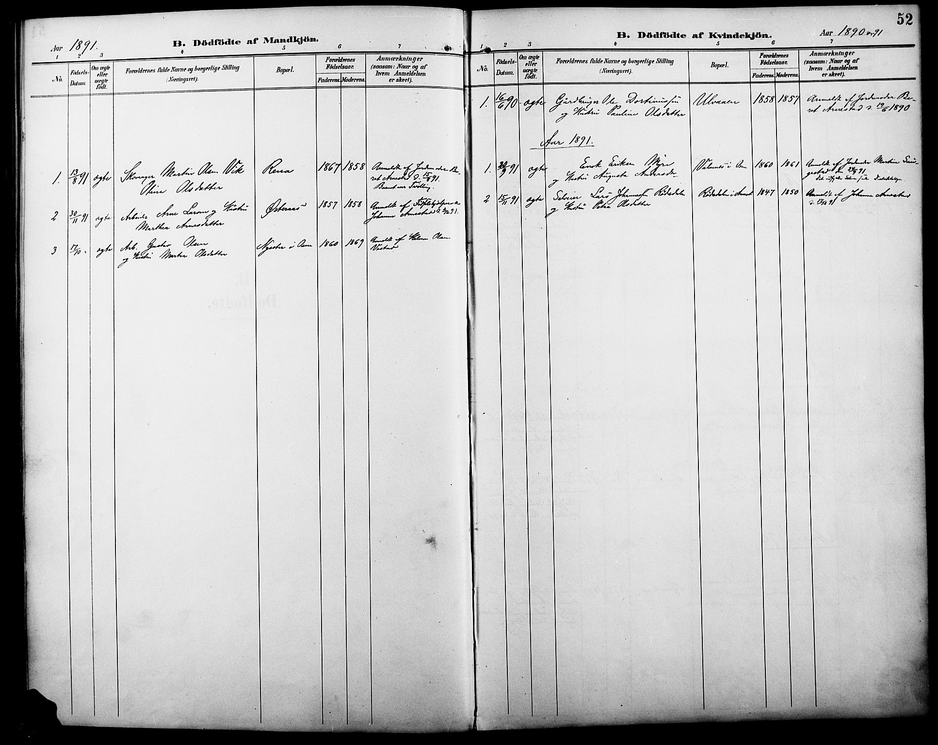 Åmot prestekontor, Hedmark, AV/SAH-PREST-056/H/Ha/Haa/L0011: Parish register (official) no. 11, 1890-1897, p. 52