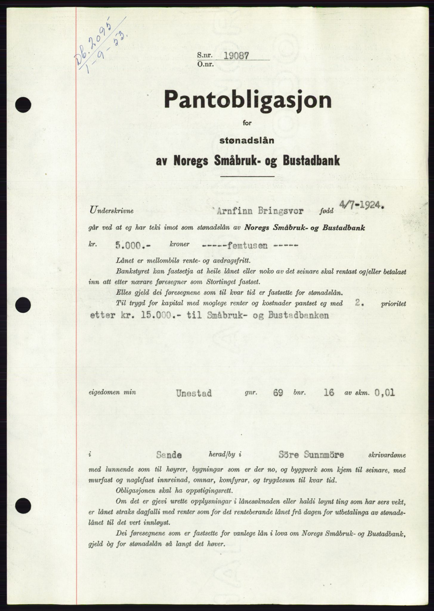 Søre Sunnmøre sorenskriveri, SAT/A-4122/1/2/2C/L0123: Mortgage book no. 11B, 1953-1953, Diary no: : 2095/1953