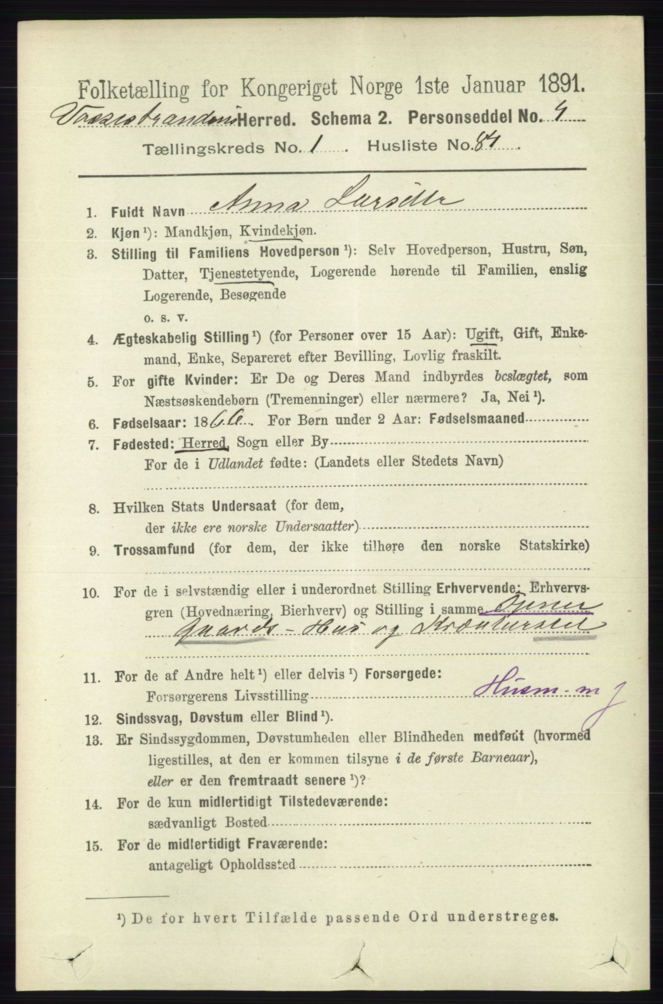 RA, 1891 census for 1236 Vossestrand, 1891, p. 639