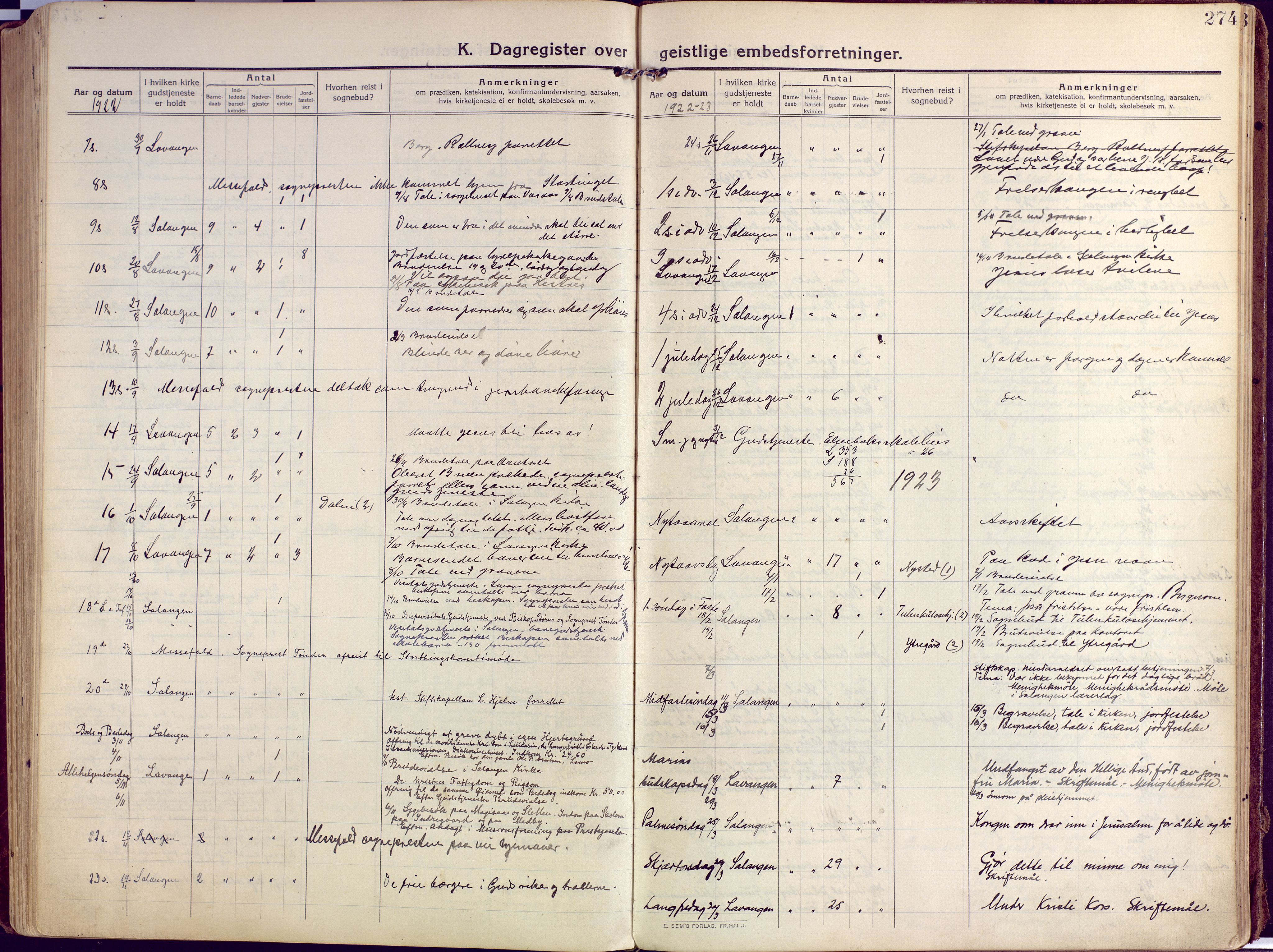 Salangen sokneprestembete, SATØ/S-1324/H/Ha/L0004kirke: Parish register (official) no. 4, 1912-1927, p. 274