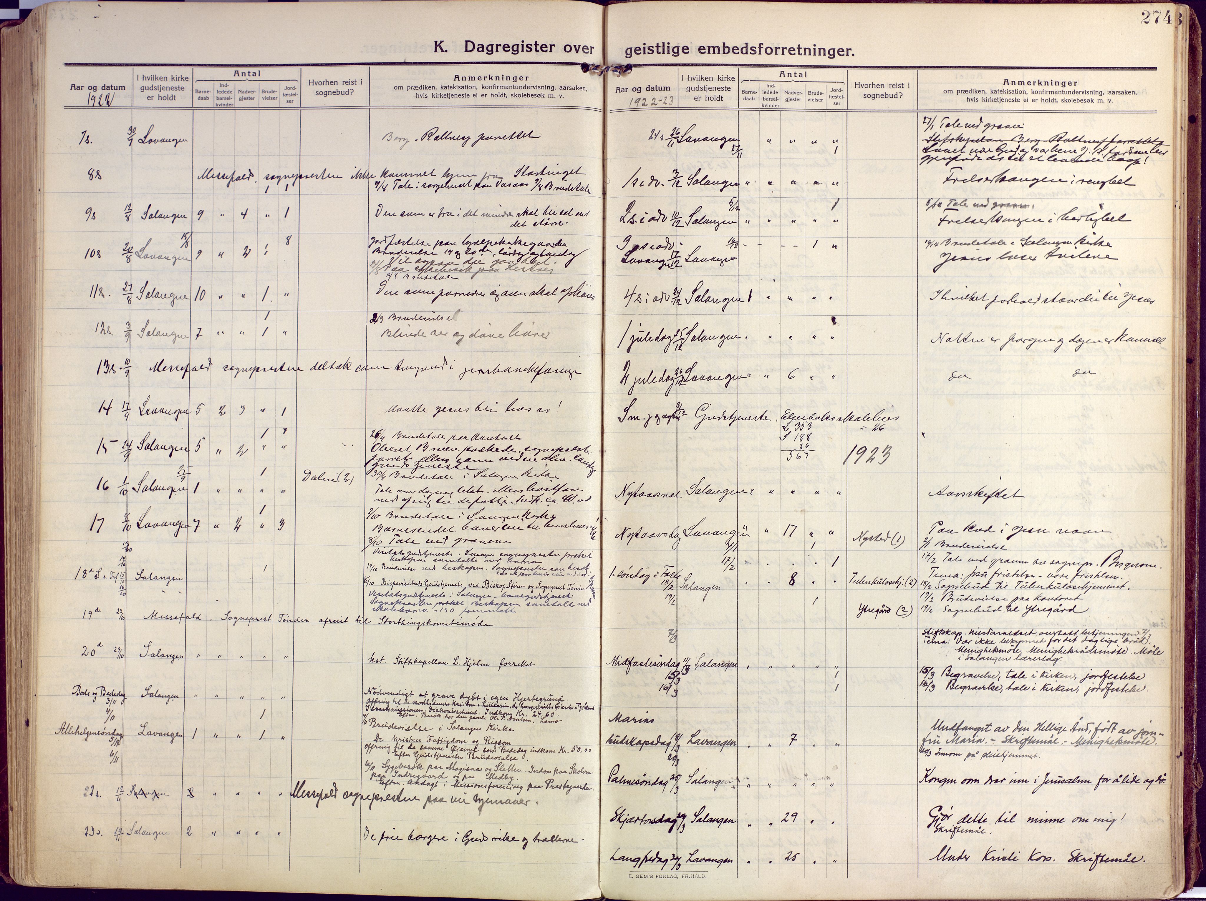 Salangen sokneprestembete, AV/SATØ-S-1324/H/Ha/L0004kirke: Parish register (official) no. 4, 1912-1927, p. 274