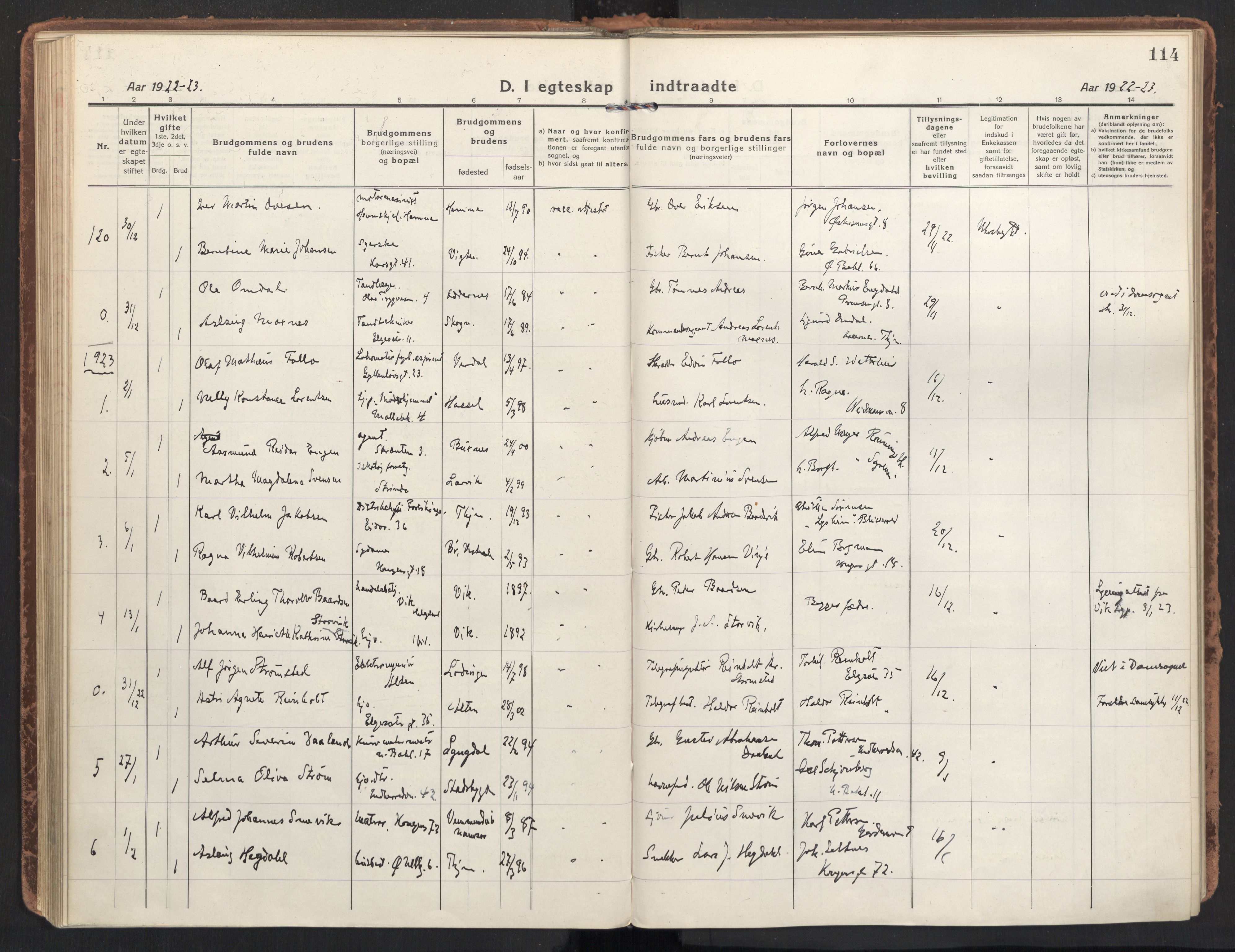 Ministerialprotokoller, klokkerbøker og fødselsregistre - Sør-Trøndelag, SAT/A-1456/604/L0206: Parish register (official) no. 604A26, 1917-1931, p. 114