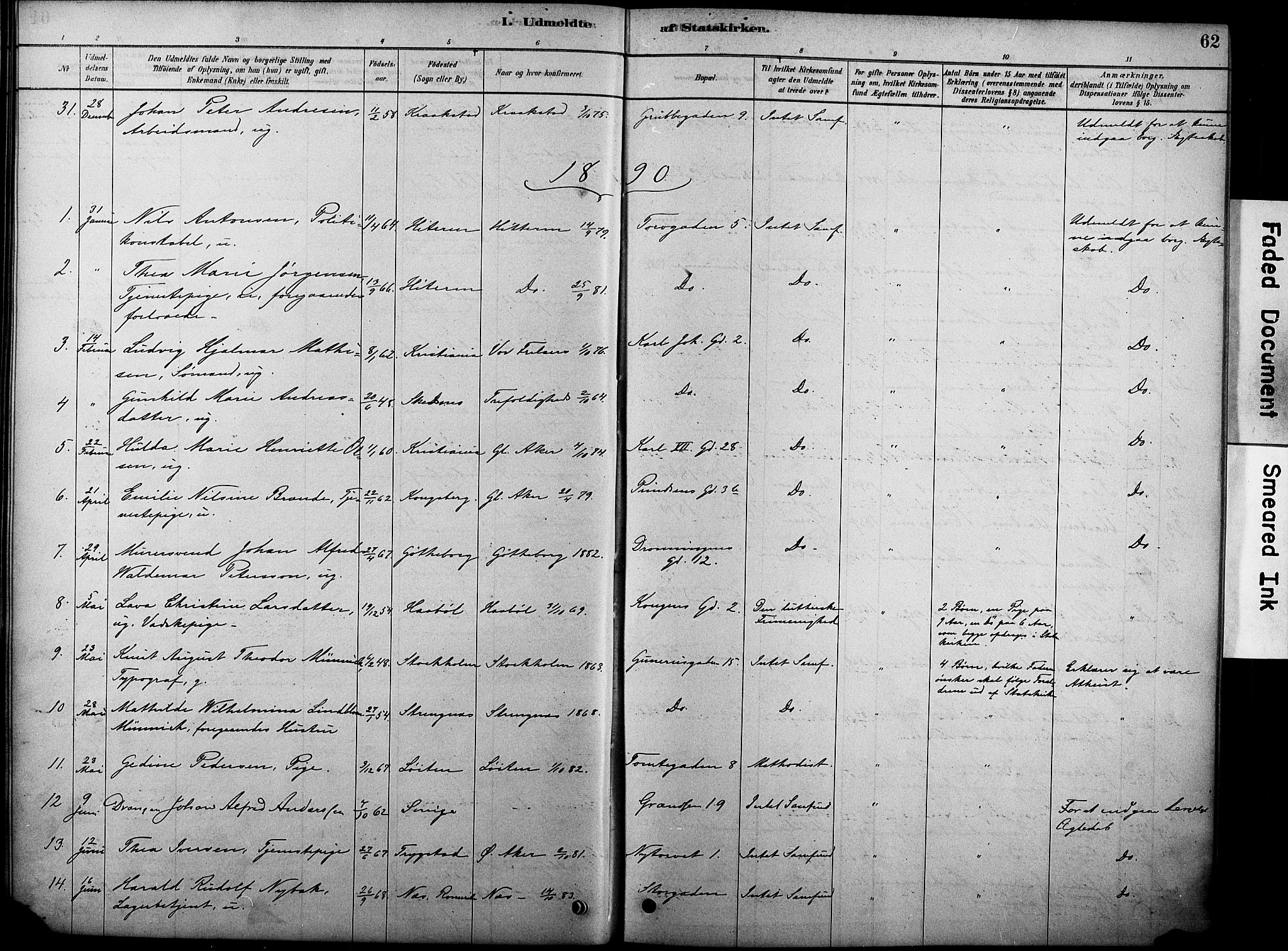 Oslo domkirke Kirkebøker, SAO/A-10752/F/Fa/L0038: Parish register (official) no. 38, 1878-1921, p. 62