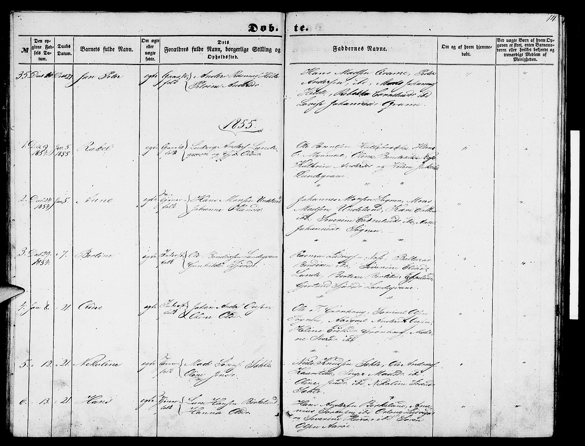 Gaular sokneprestembete, SAB/A-80001/H/Hab: Parish register (copy) no. B 1, 1853-1863, p. 14