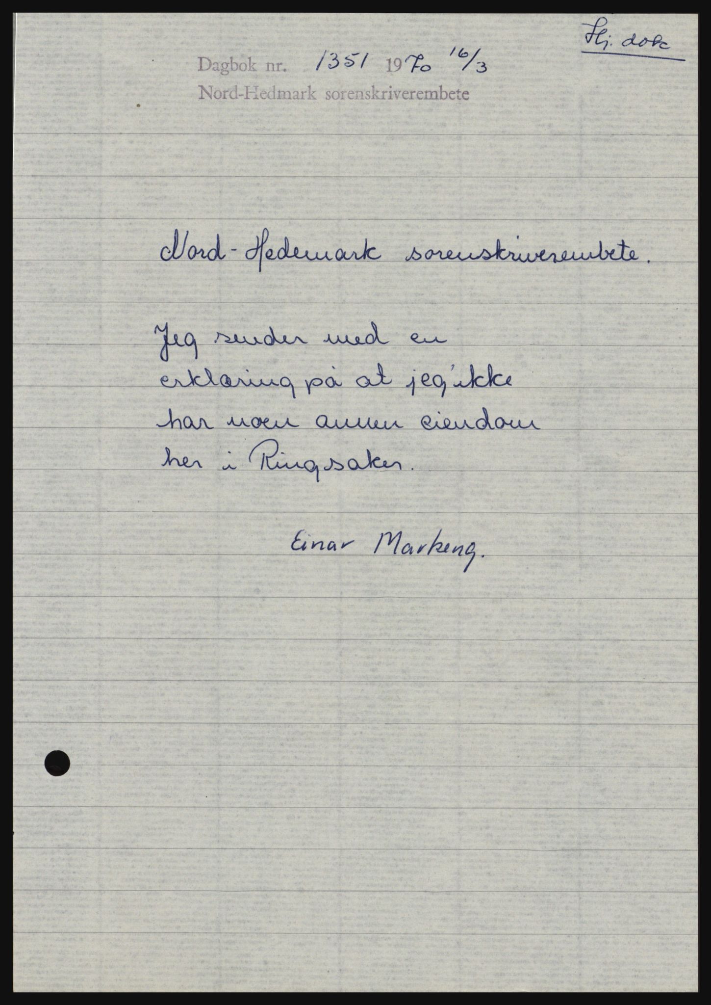 Nord-Hedmark sorenskriveri, SAH/TING-012/H/Hc/L0033: Mortgage book no. 33, 1970-1970, Diary no: : 1351/1970