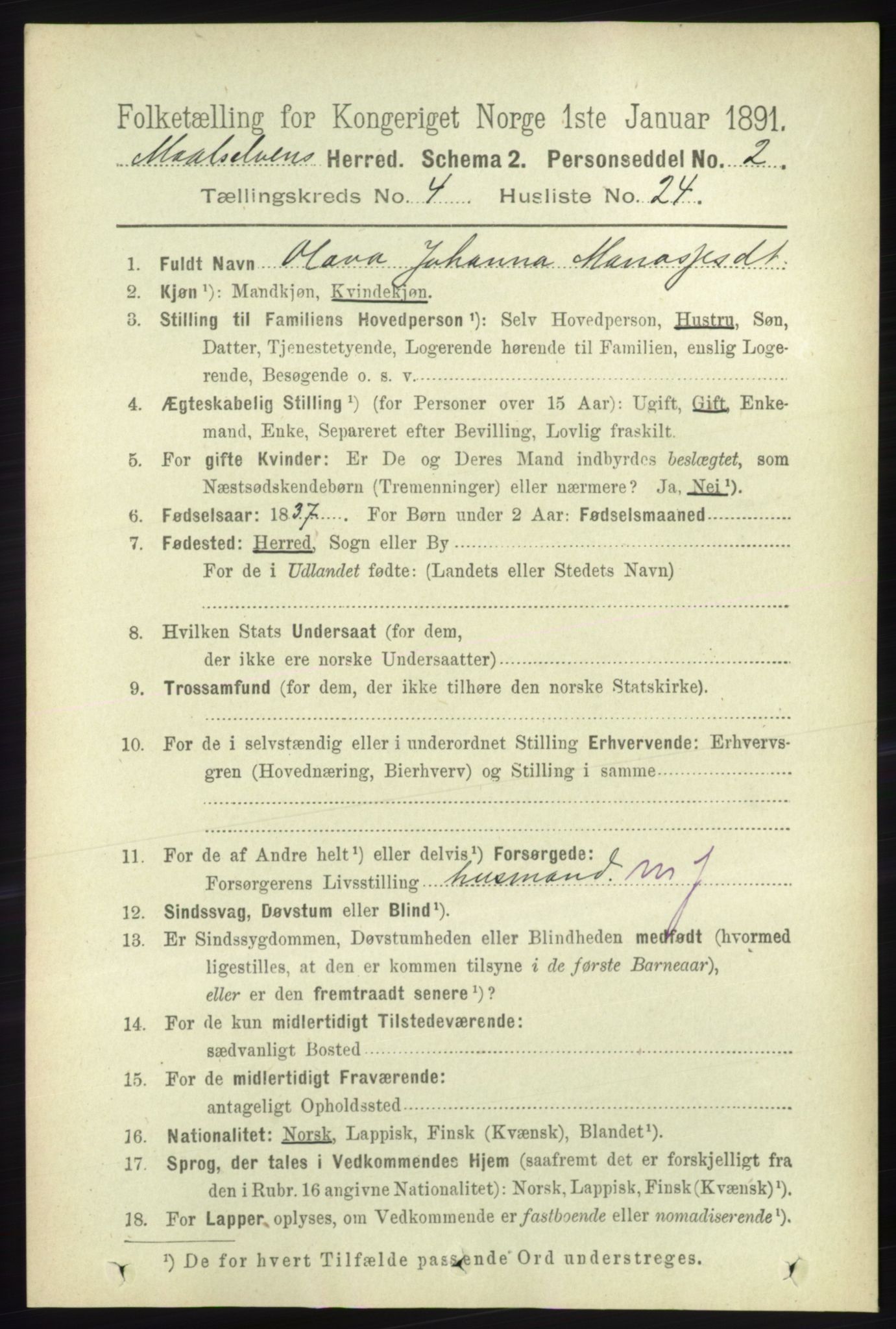 RA, 1891 census for 1924 Målselv, 1891, p. 1250