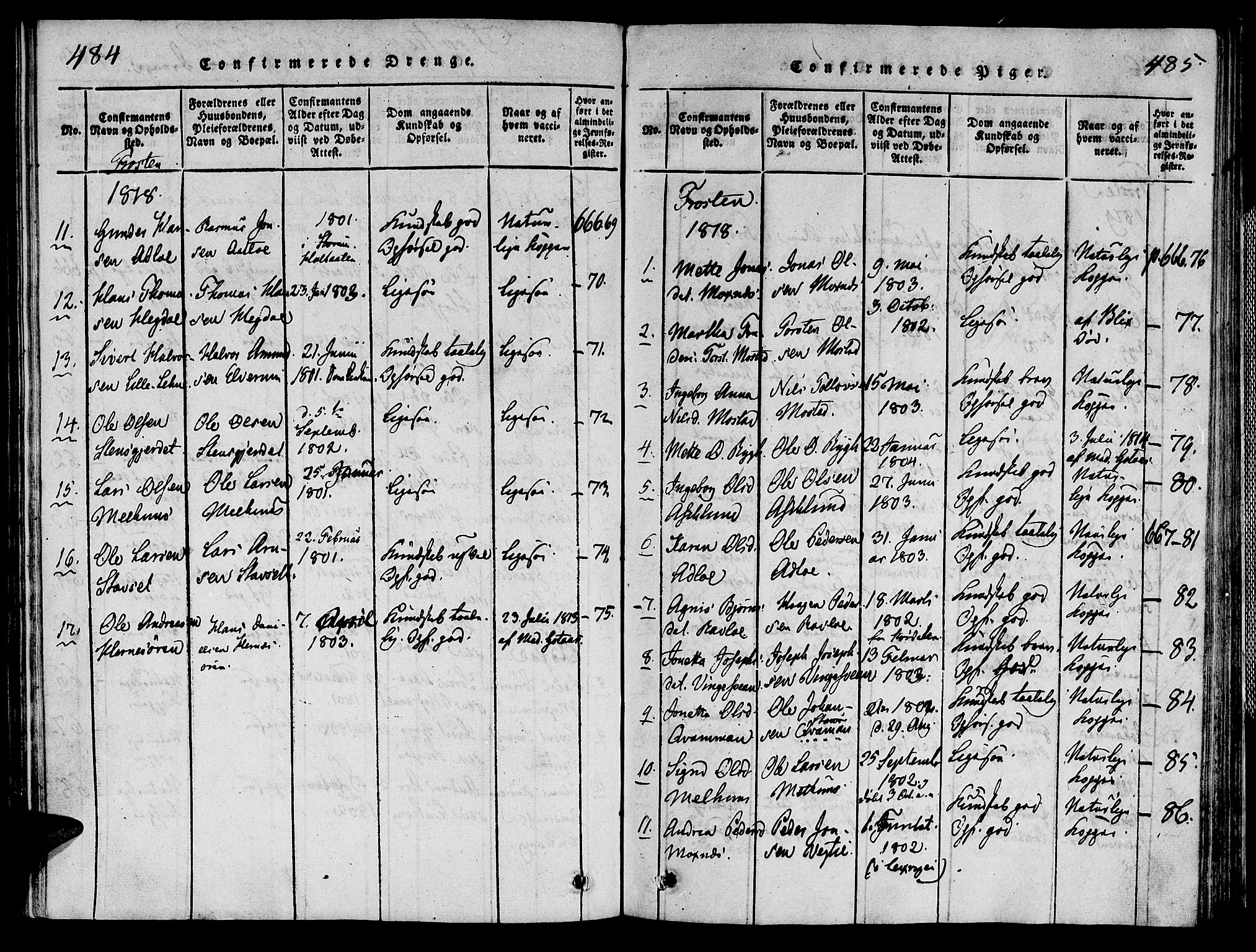 Ministerialprotokoller, klokkerbøker og fødselsregistre - Nord-Trøndelag, AV/SAT-A-1458/713/L0112: Parish register (official) no. 713A04 /1, 1817-1827, p. 484-485