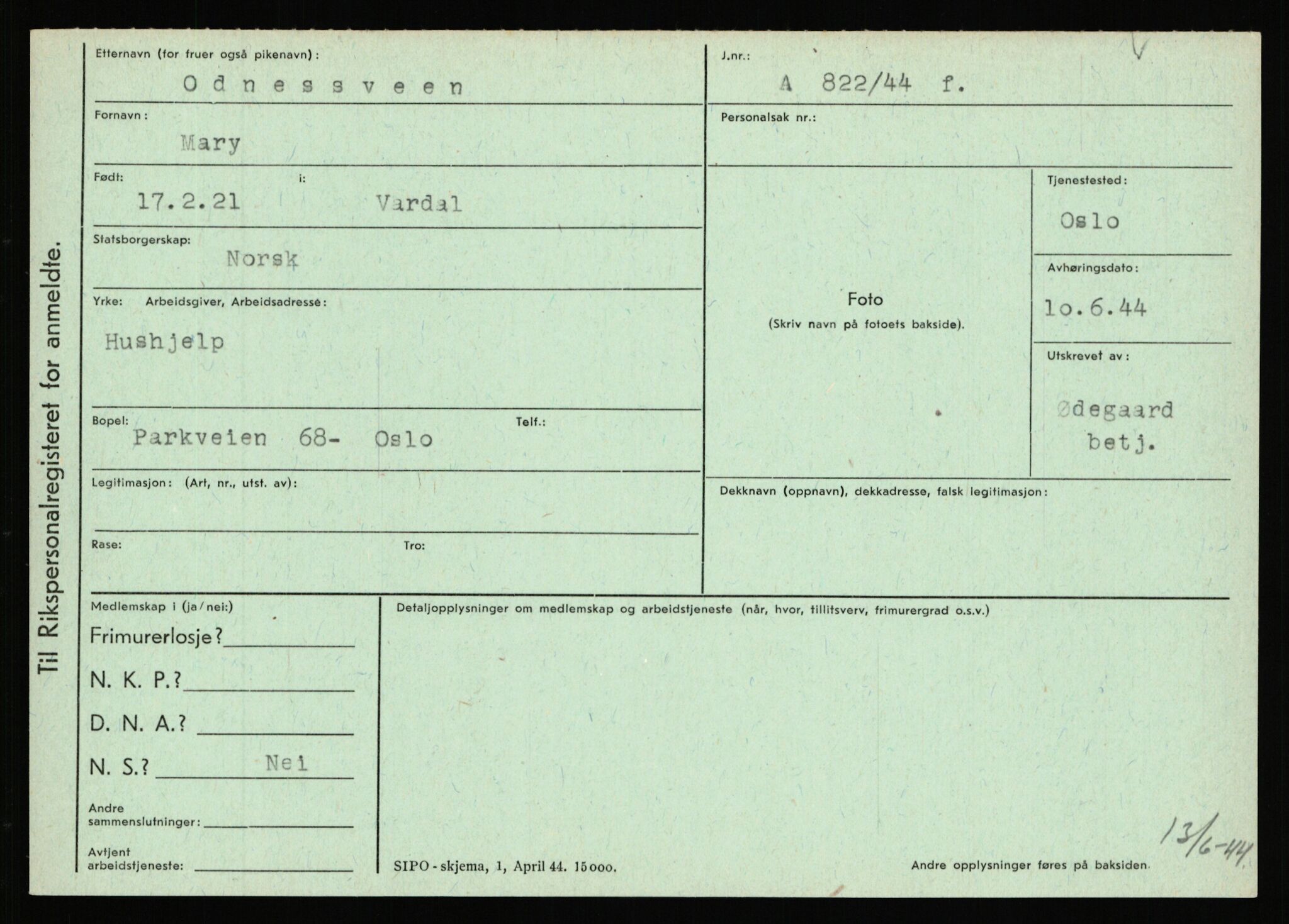 Statspolitiet - Hovedkontoret / Osloavdelingen, AV/RA-S-1329/C/Ca/L0012: Oanæs - Quistgaard	, 1943-1945, p. 74