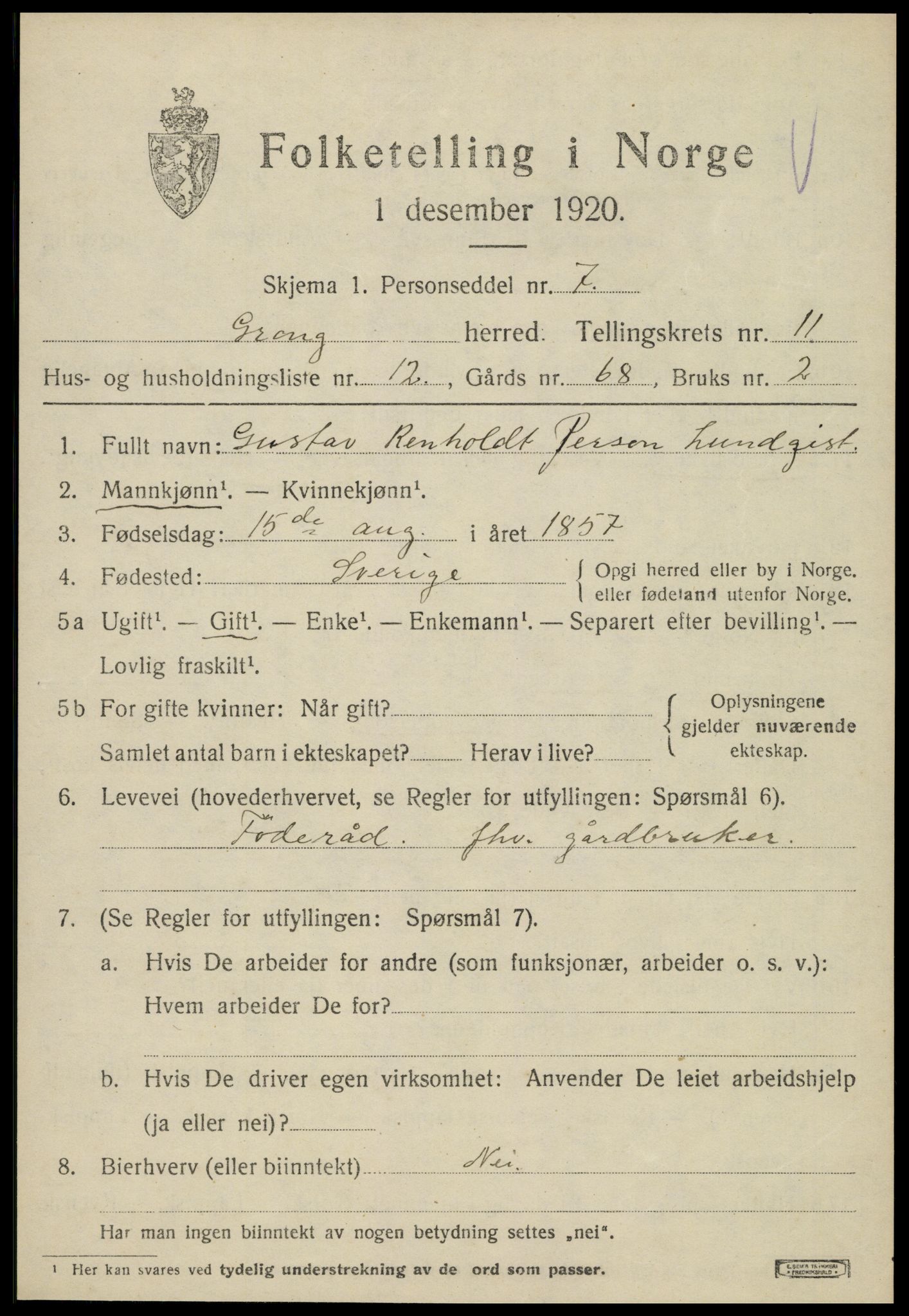 SAT, 1920 census for Grong, 1920, p. 6515