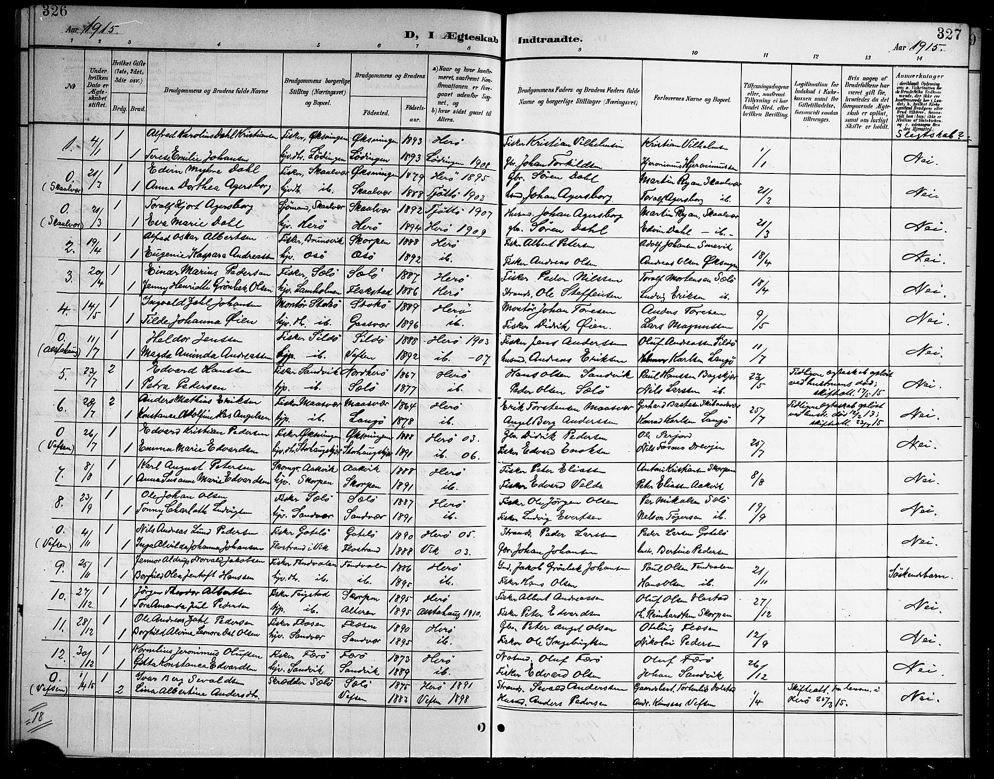 Ministerialprotokoller, klokkerbøker og fødselsregistre - Nordland, SAT/A-1459/834/L0516: Parish register (copy) no. 834C06, 1902-1918, p. 326-327